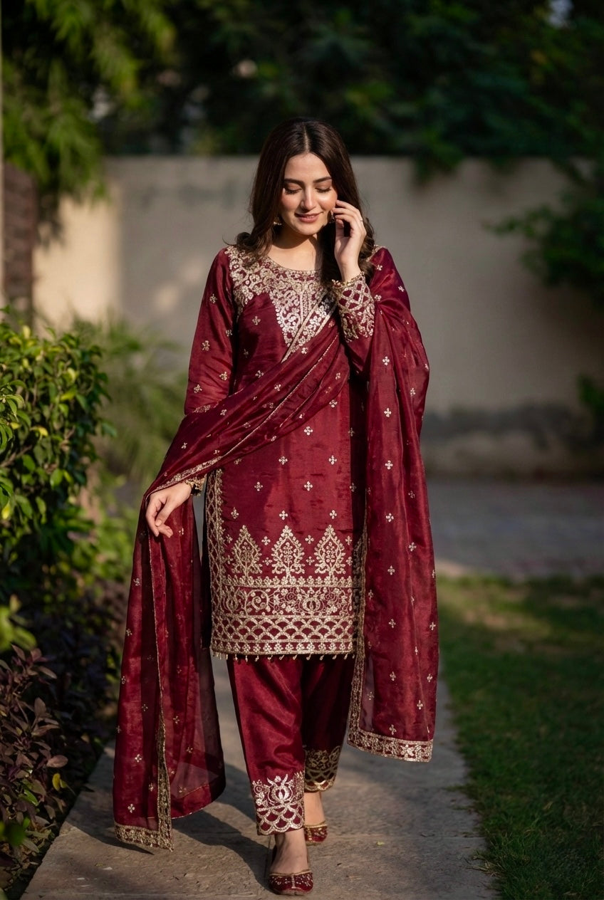 Designer GMY Silk Top Bottom Dupatta Set with Heavy Embroidery Sequence Work