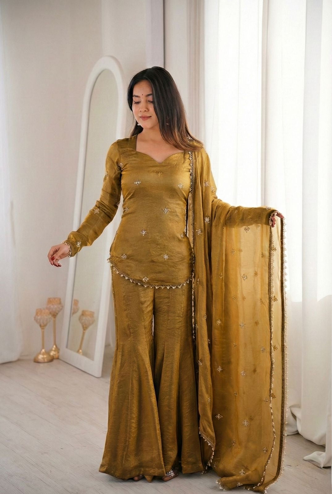 Designer Fendy Silk Top Sharara Palazzo Dupatta Set with Embroidery Sequence Work