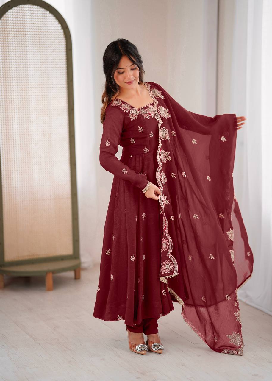 Designer Anarkali Gown Set in Crunchy Silk with 4 Meter Flair & Embroidery | Festive Wear for Women