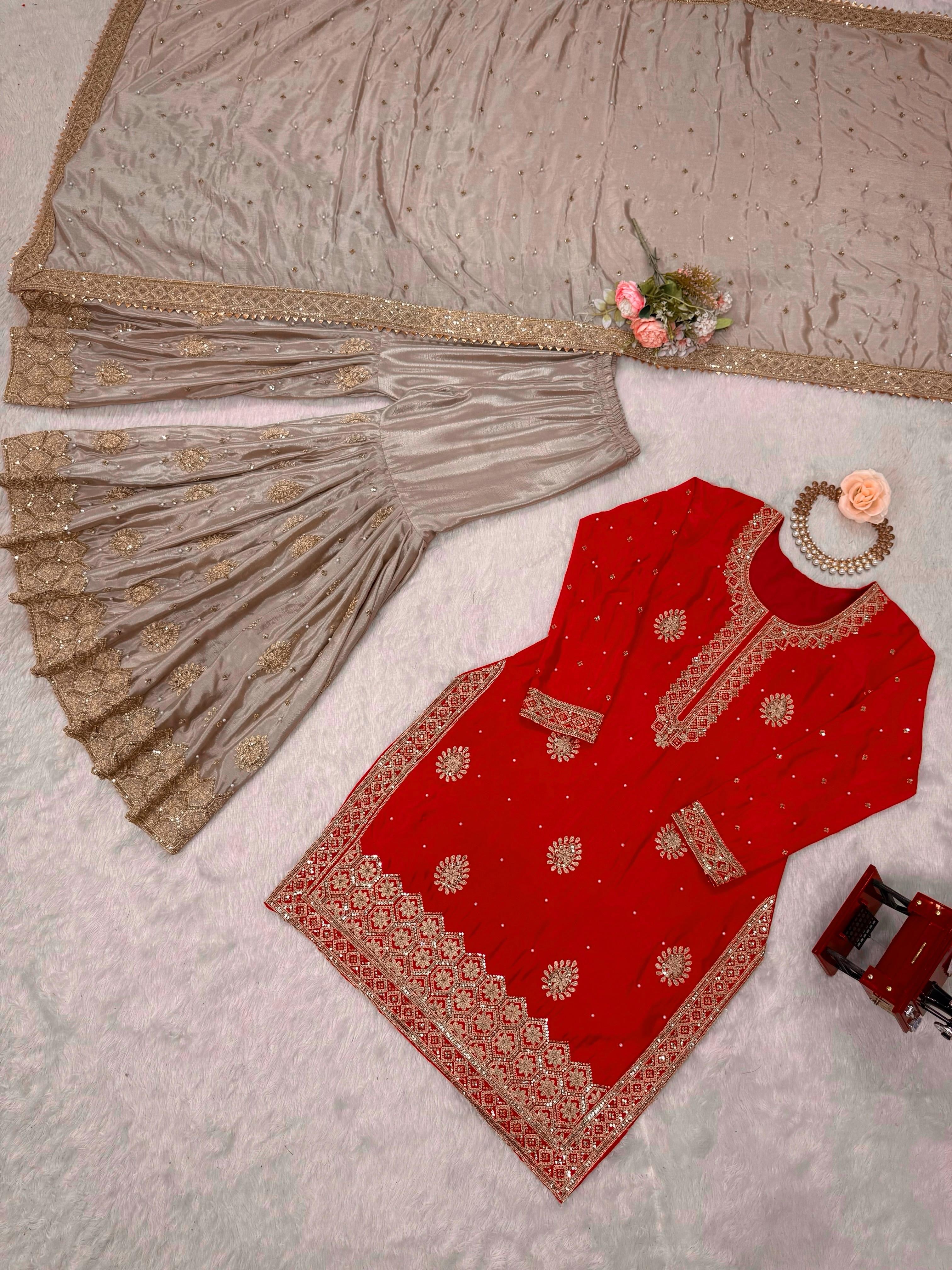 Elegant Chinon Silk 3-Piece Sharara Set with Pearl & Sequence Embroideryl