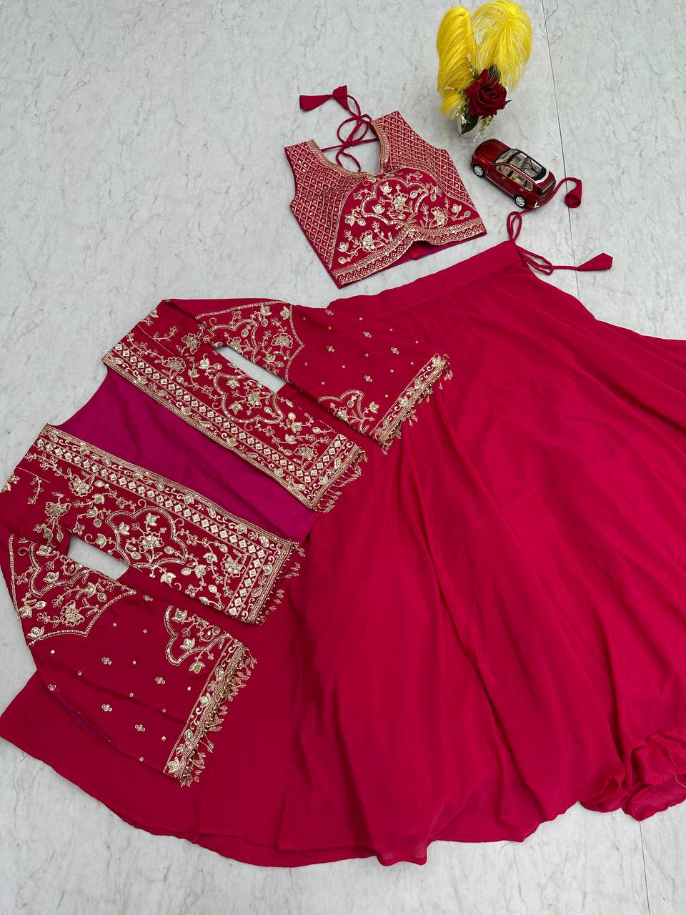 Designer Chinon Lehenga with Embroidered Blouse & Jacket – Big 6 Meter Flair