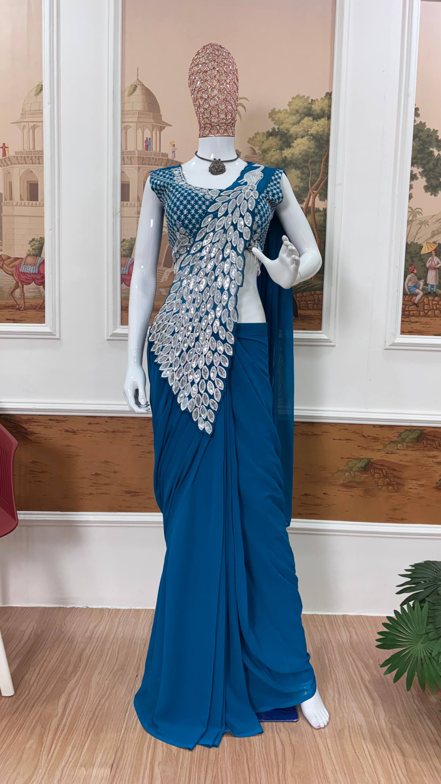 Premium Party Wear Drape Saree with Fully Stitched Embroidered Blouse