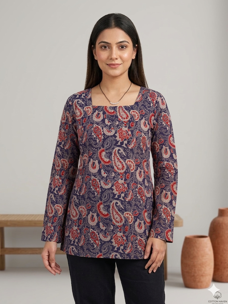 Comfort Fit Purple Cotton Tunic with All Over Digital Print