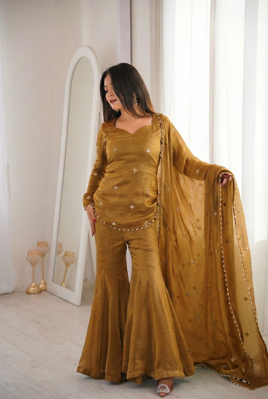 Designer Fendy Silk Top Sharara Palazzo Dupatta Set with Embroidery Sequence Work