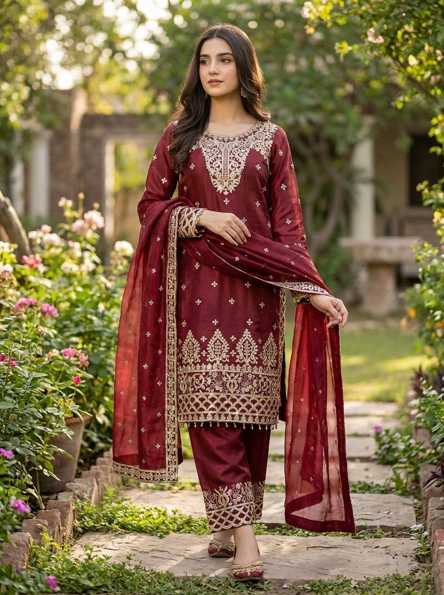 Designer GMY Silk Top Bottom Dupatta Set with Heavy Embroidery Sequence Work