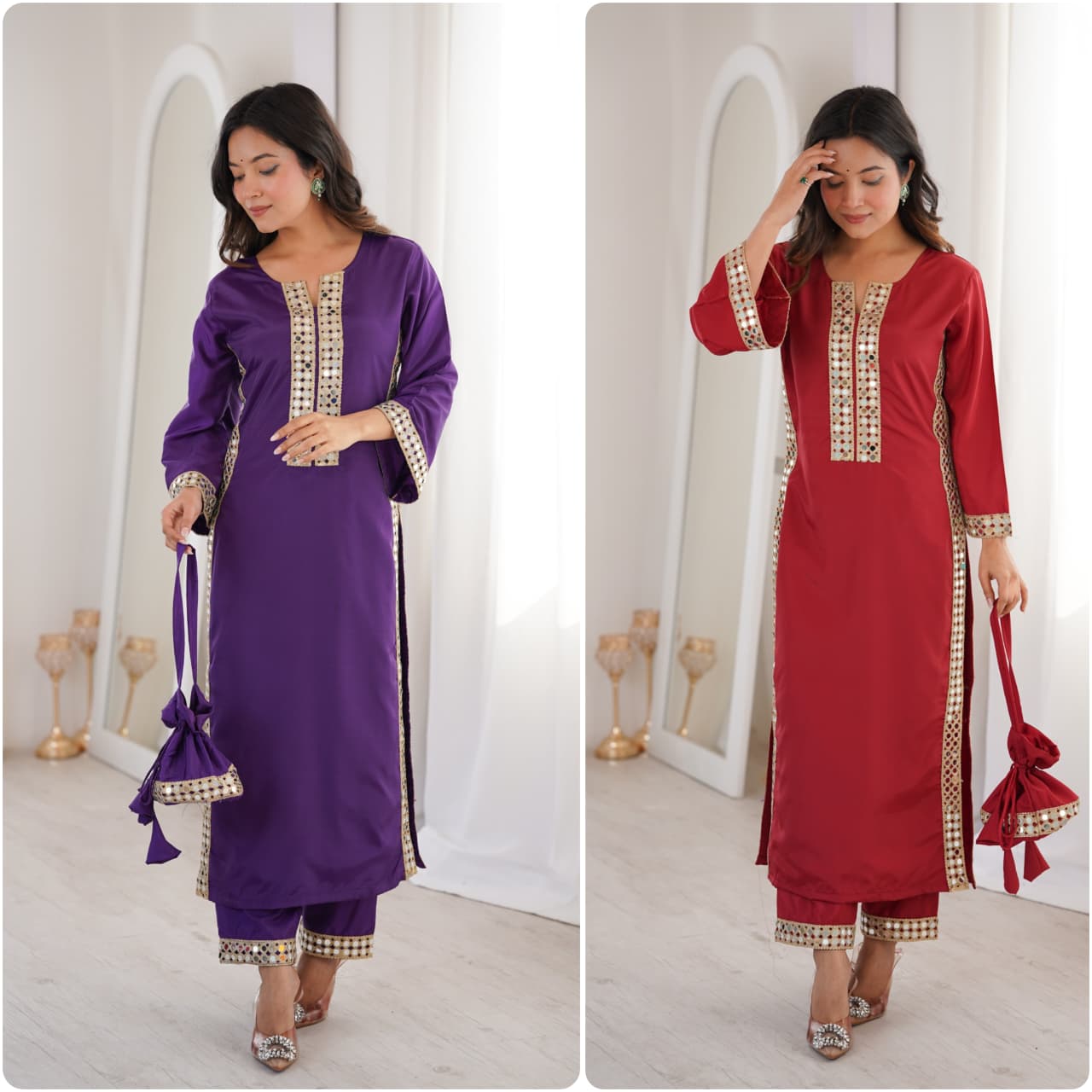 Premium Mirror Work Kurti Pant Set with Designer Batwa for Women