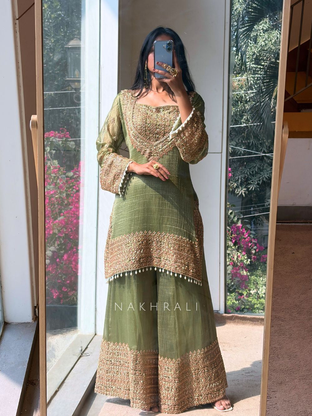 Elegant Fendy Silk Embroidered Sharara Pent Set | Ready To Wear 3-Piece Outfit