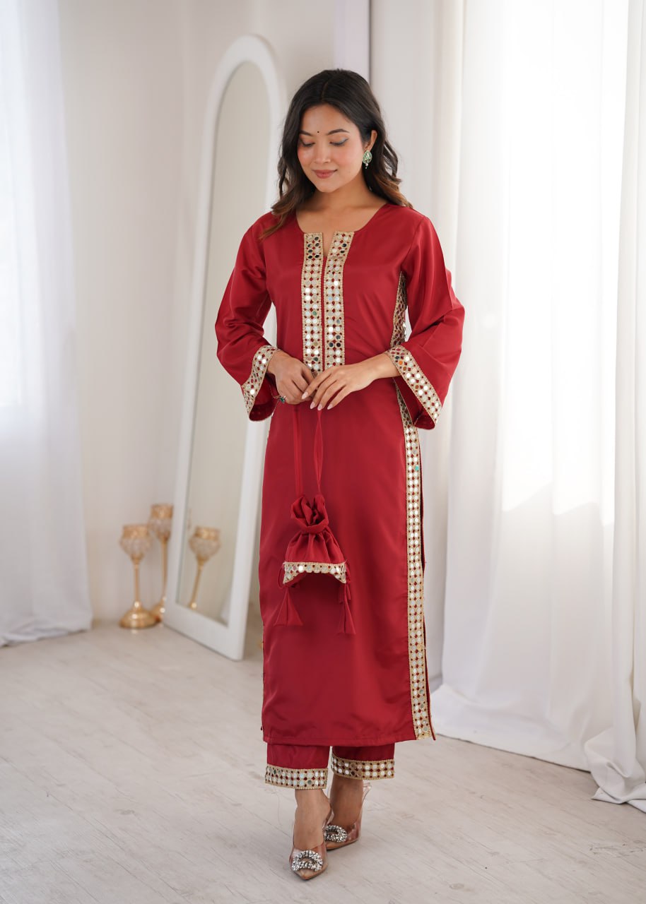 Premium Mirror Work Kurti Pant Set with Designer Batwa for Women