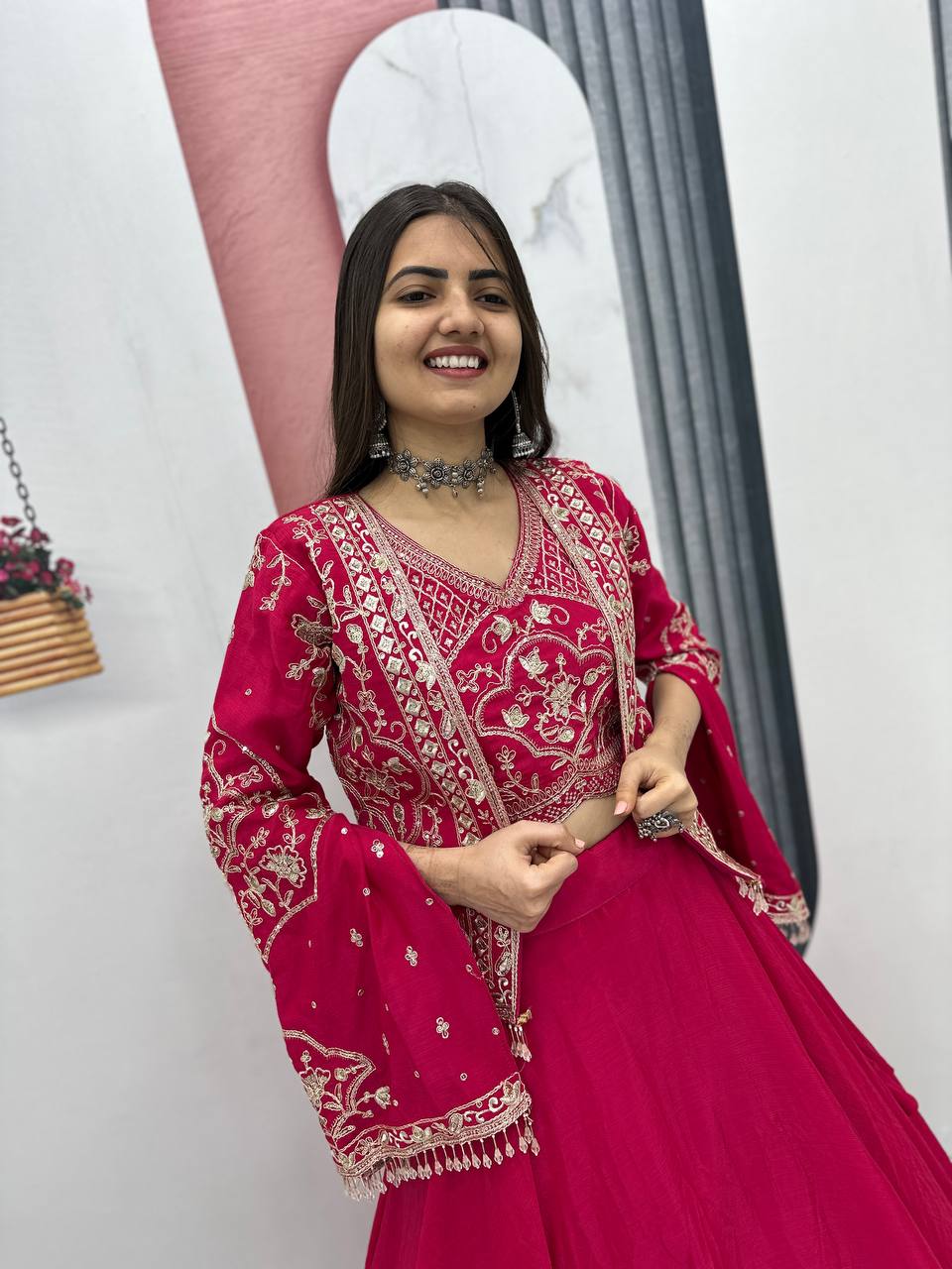 Designer Chinon Lehenga with Embroidered Blouse & Jacket – Big 6 Meter Flair