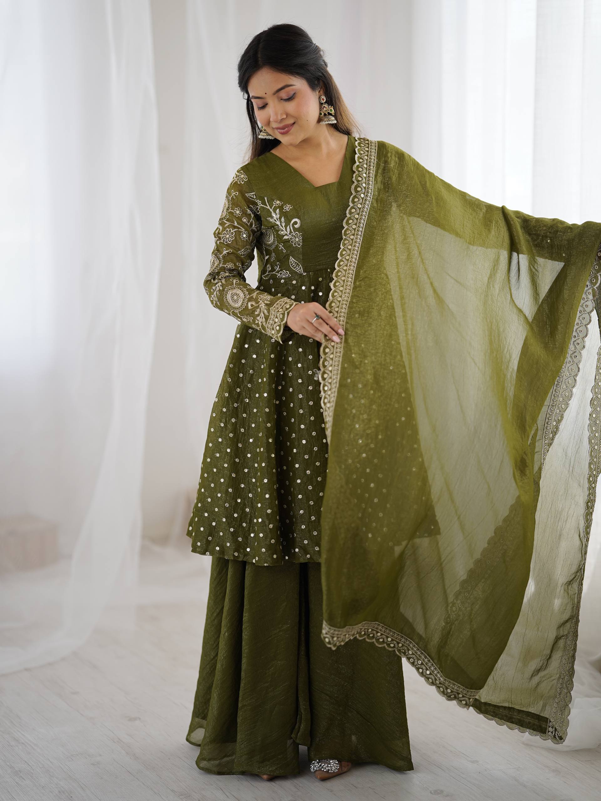 Designer Crunchy Silk Top Sharara Dupatta Set with Heavy Embroidery | Party & Wedding Wear Ethnic Outfit