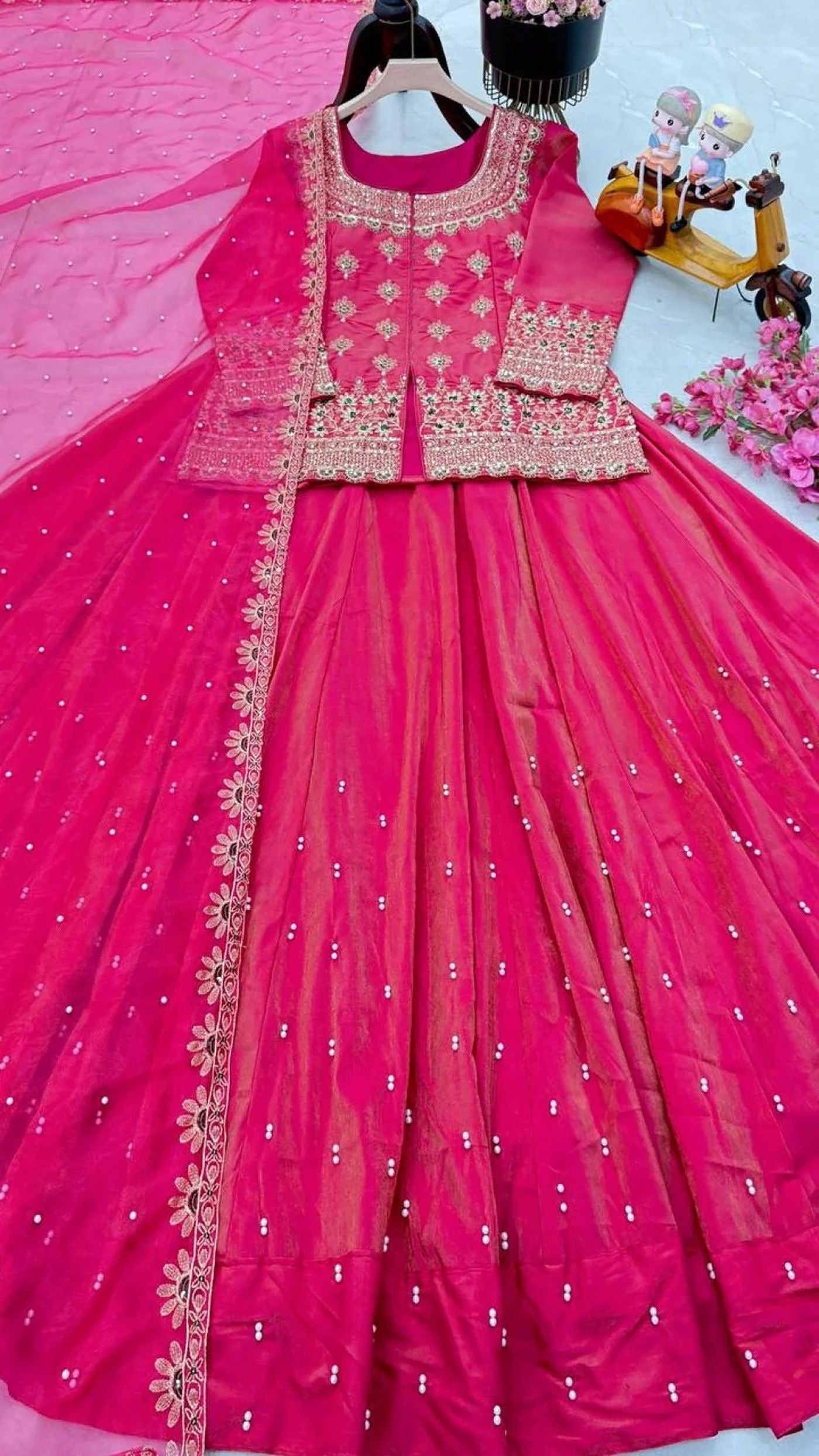 Premium Roman Silk Lehenga Choli Set with Embroidery & Twill Net Dupatta | Ethnic Wear for Women
