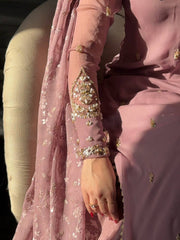 Elegant Heavy Embroidery Sequence Work Faux Georgette Top Pant Dupatta Set