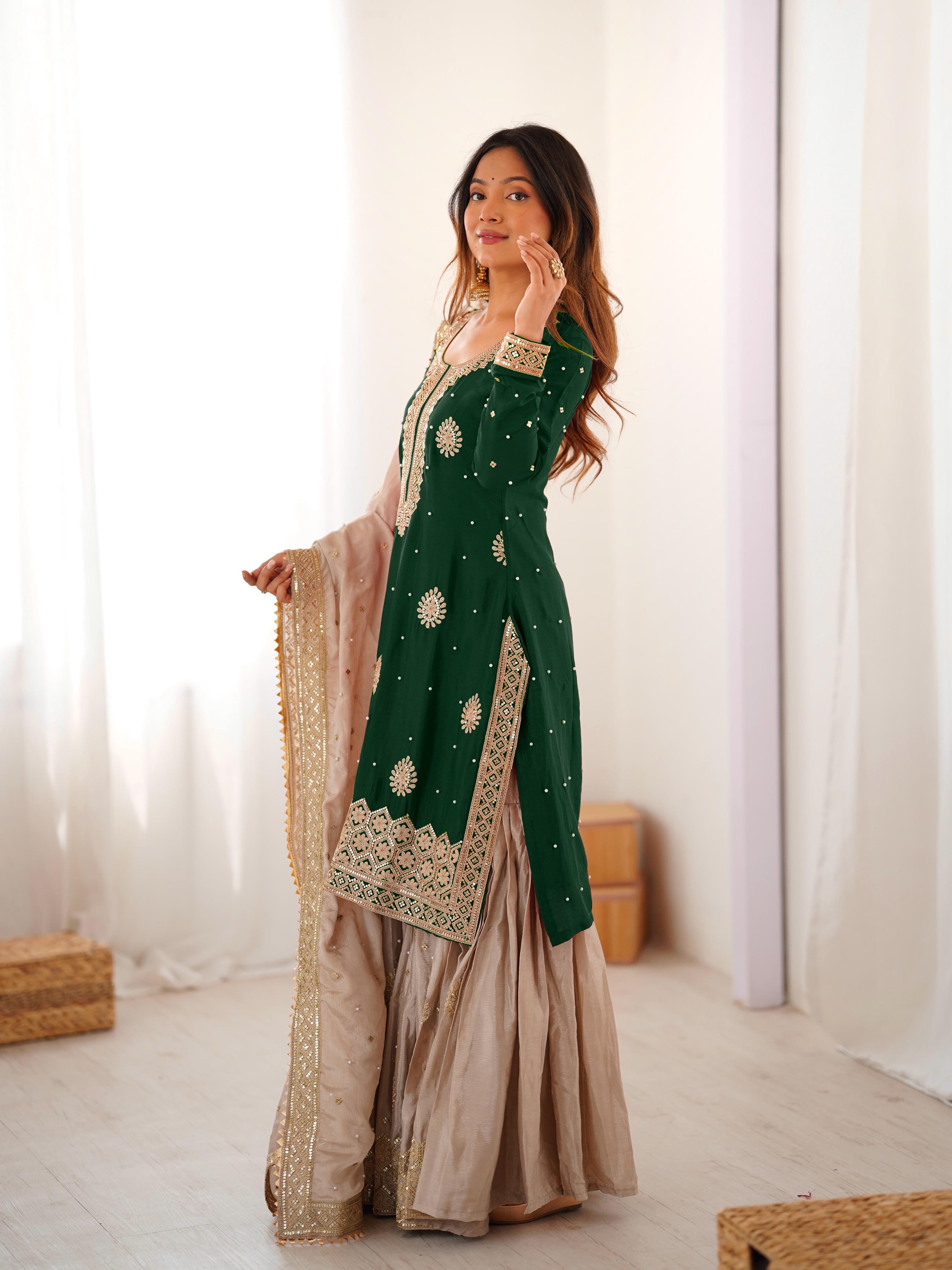 Elegant Chinon Silk 3-Piece Sharara Set with Pearl & Sequence Embroideryl