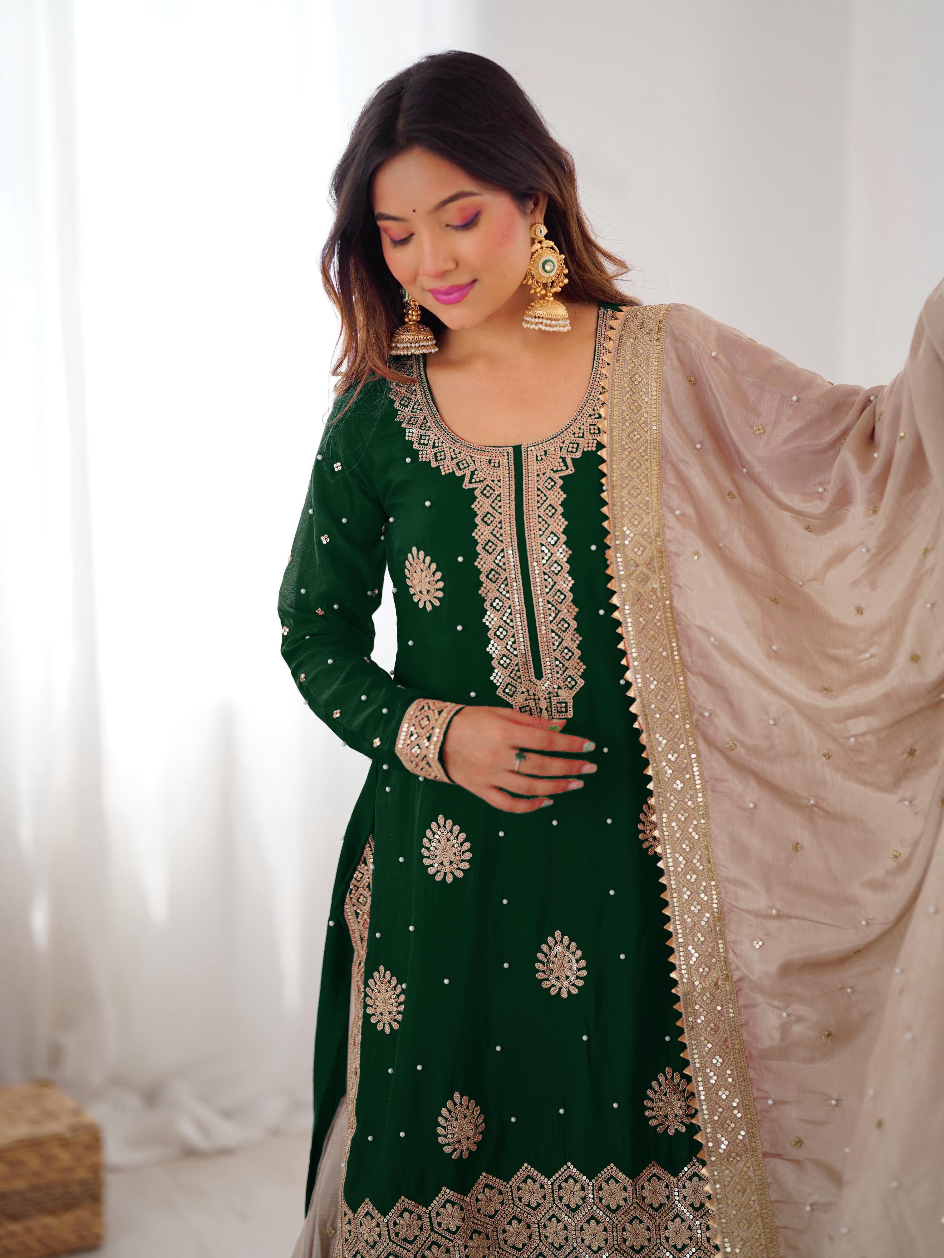 Elegant Chinon Silk 3-Piece Sharara Set with Pearl & Sequence Embroideryl