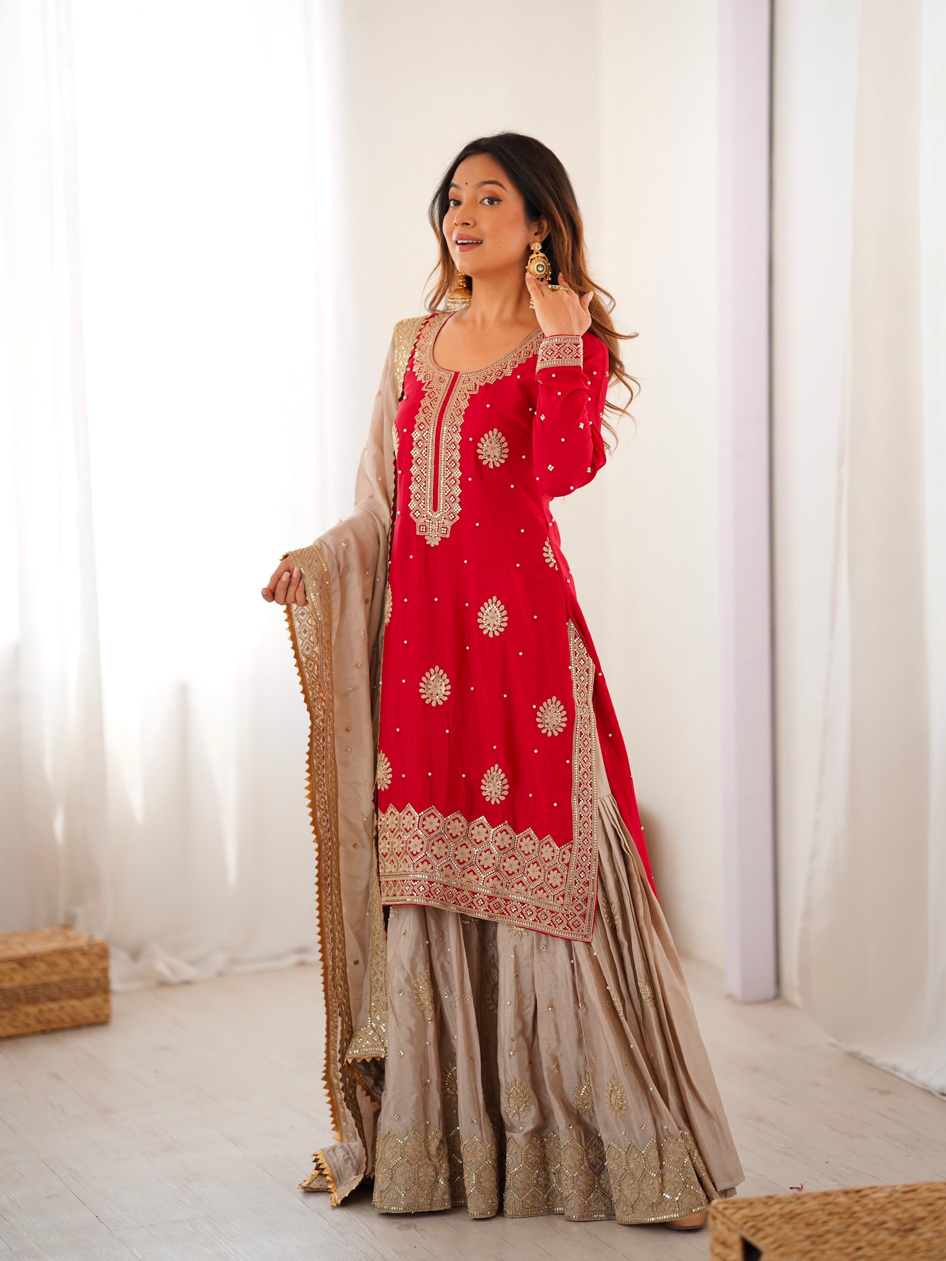 Elegant Chinon Silk 3-Piece Sharara Set with Pearl & Sequence Embroideryl