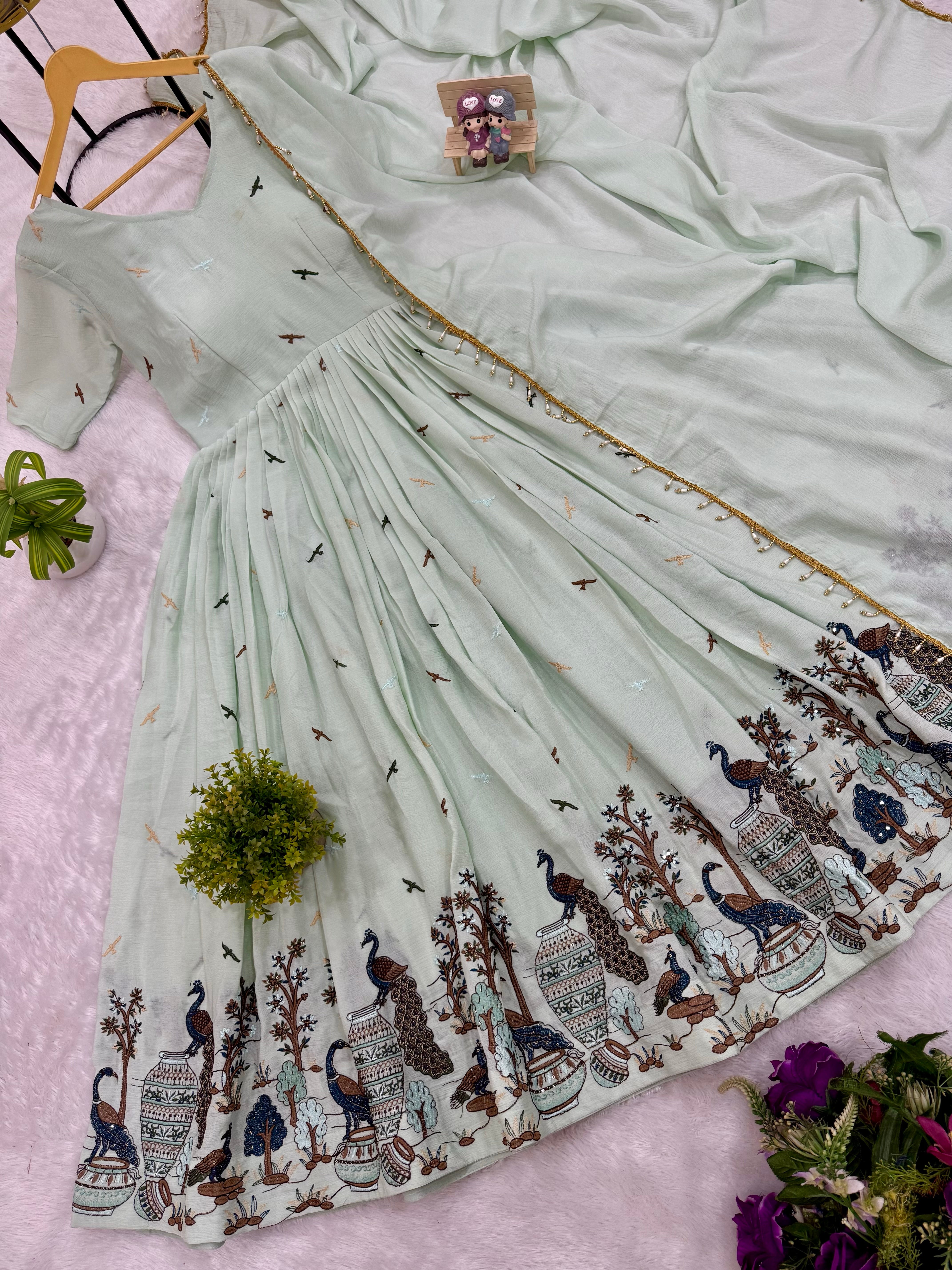 Premium Chinon Fabric Embroidered Gown with 3.5 Meter Flair & Dupatta | Ethnic Wear for Women