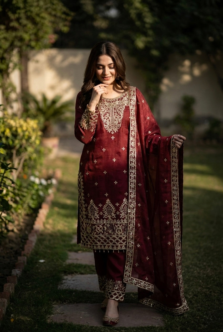 Designer GMY Silk Top Bottom Dupatta Set with Heavy Embroidery Sequence Work