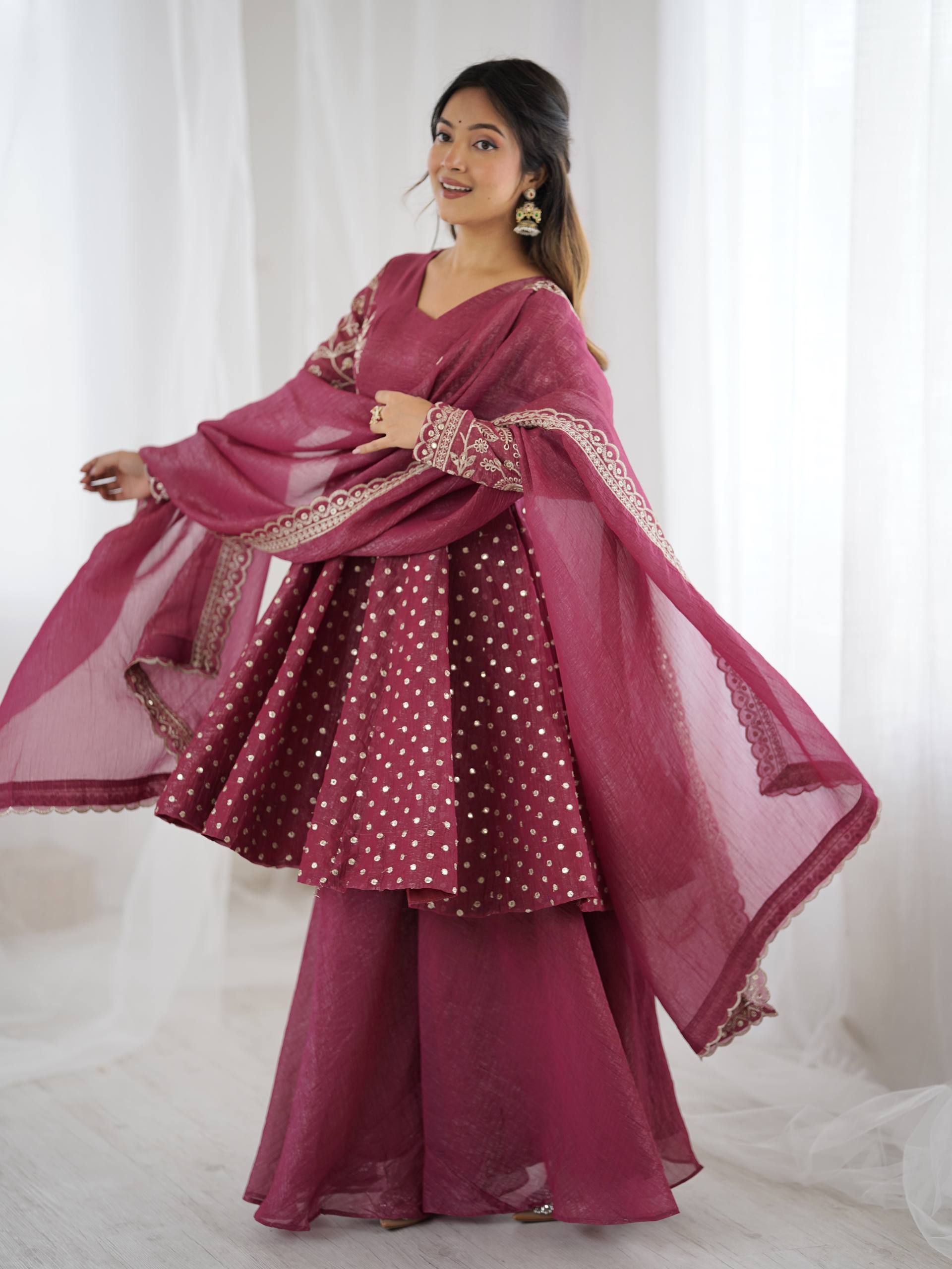 Designer Crunchy Silk Top Sharara Dupatta Set with Heavy Embroidery | Party & Wedding Wear Ethnic Outfit