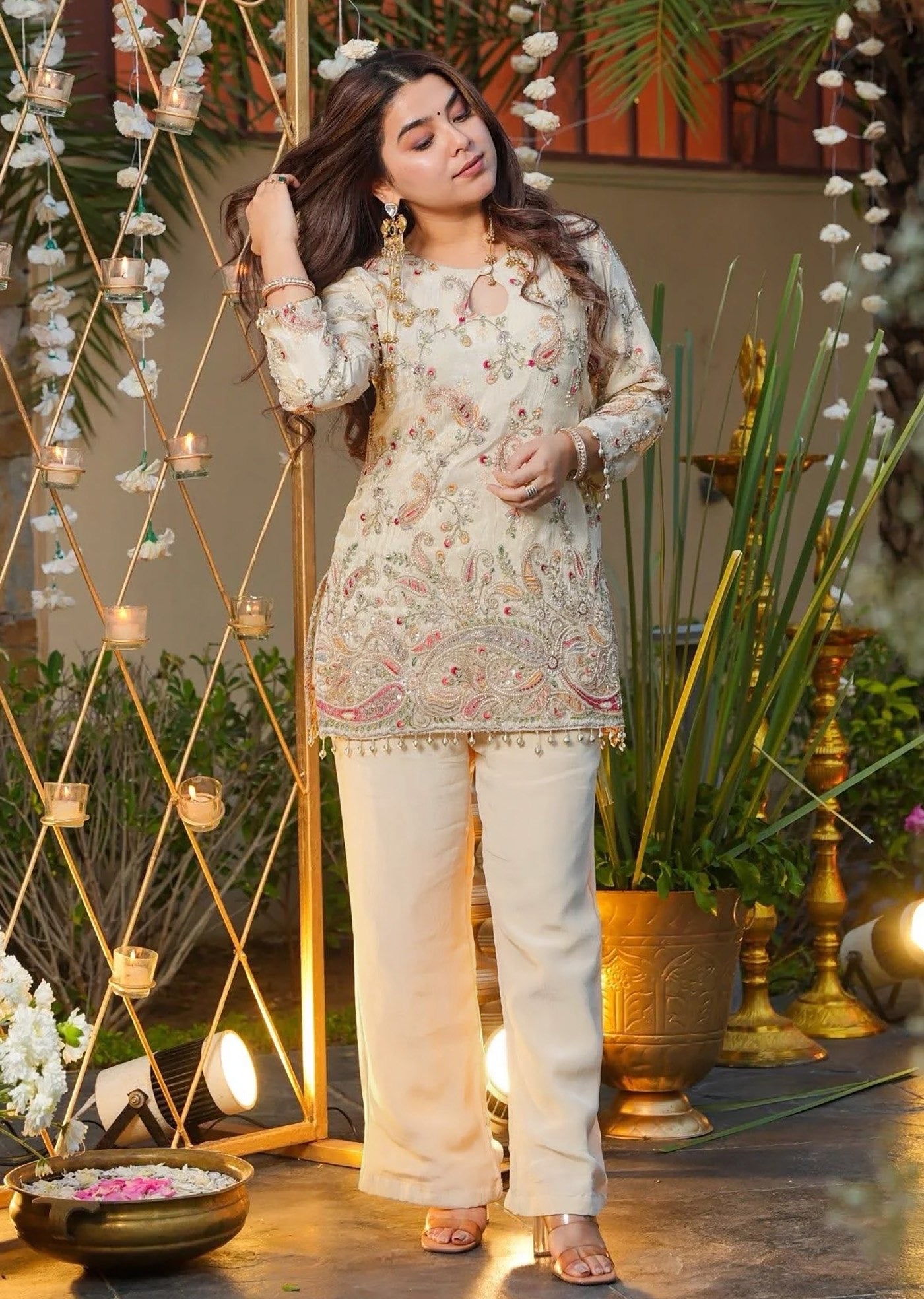 Premium Off White Embroidered Co-Ord Set | Trendy Women Top Pant Set