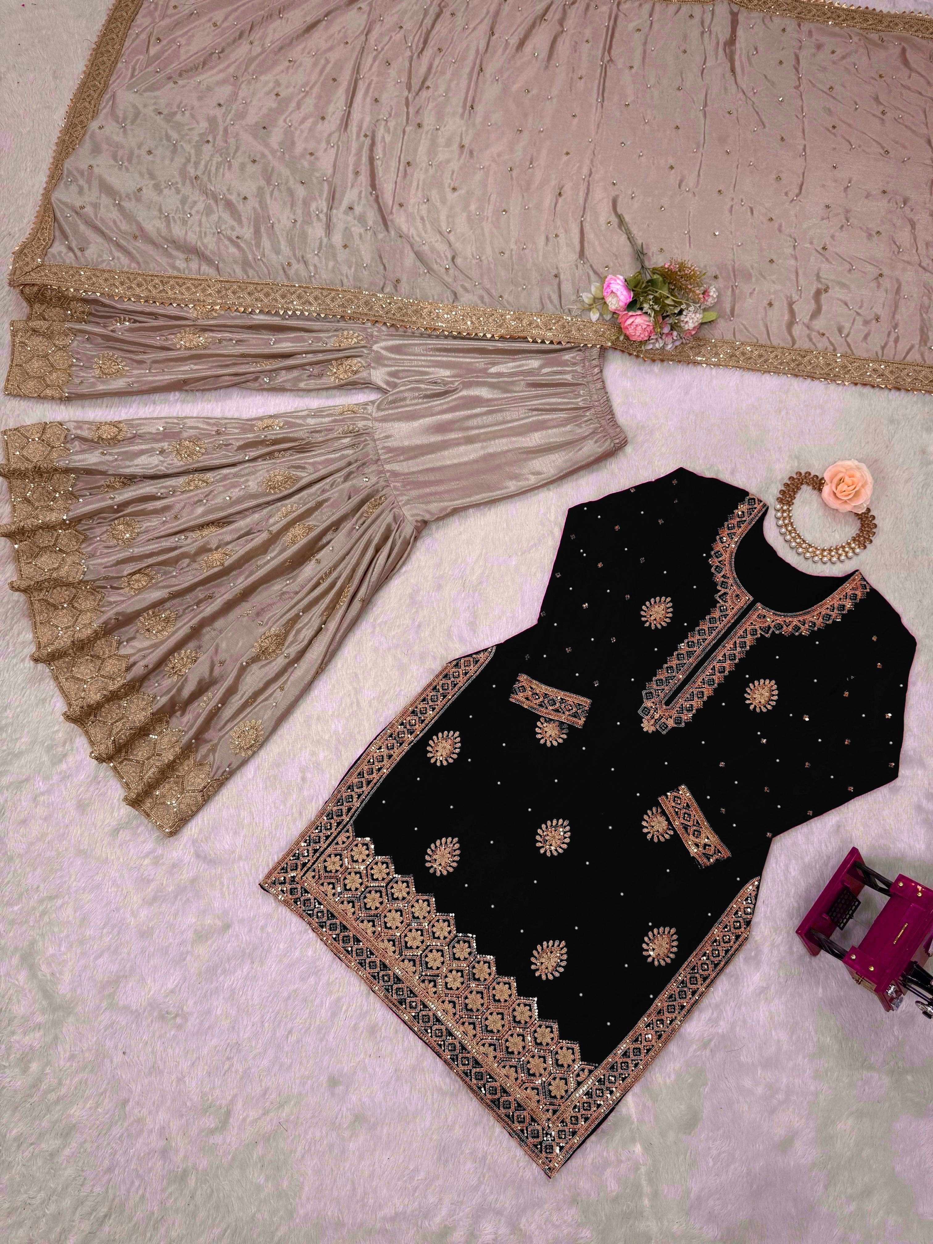 Elegant Chinon Silk 3-Piece Sharara Set with Pearl & Sequence Embroideryl