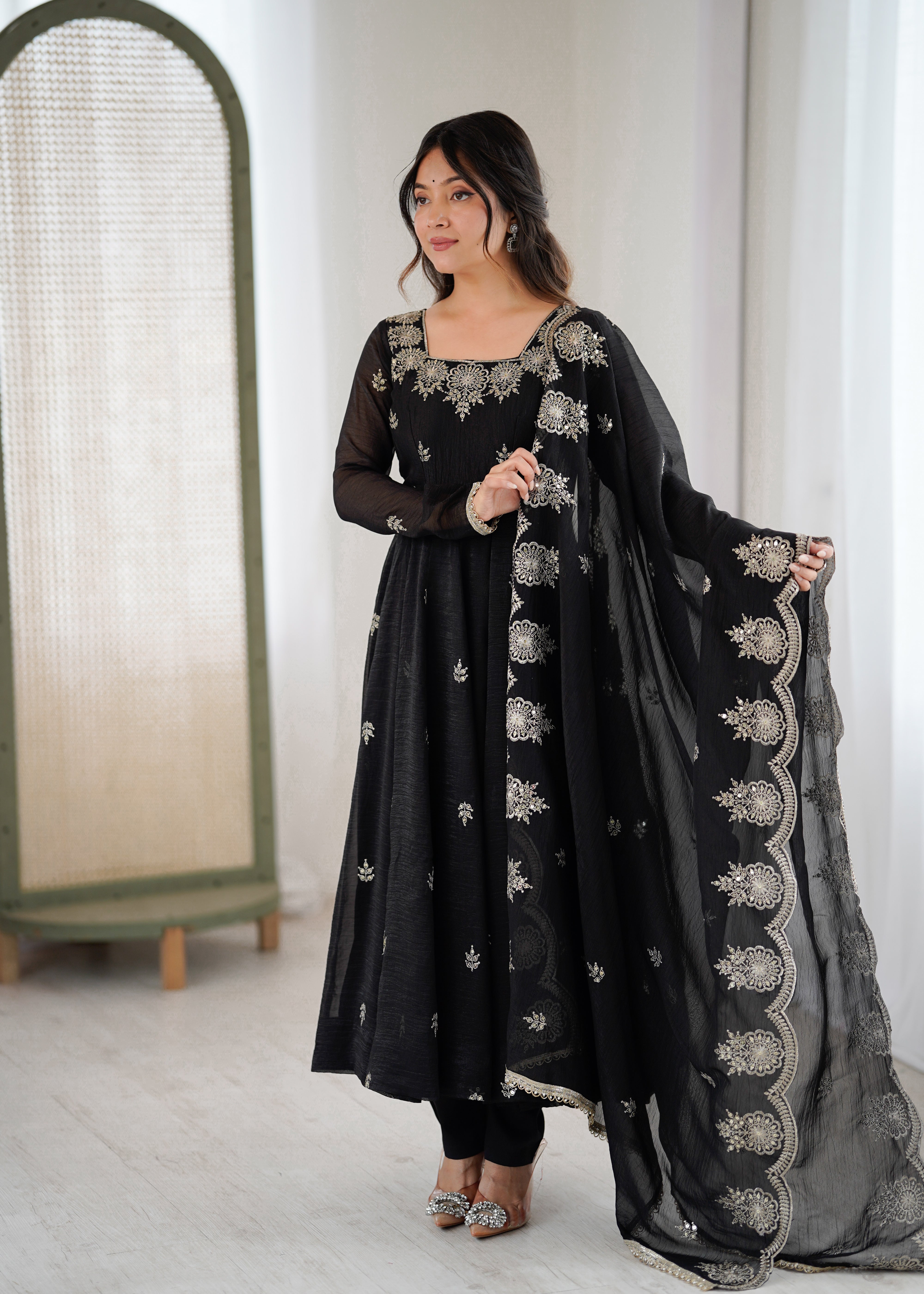 Designer Anarkali Gown Set in Crunchy Silk with 4 Meter Flair & Embroidery | Festive Wear for Women