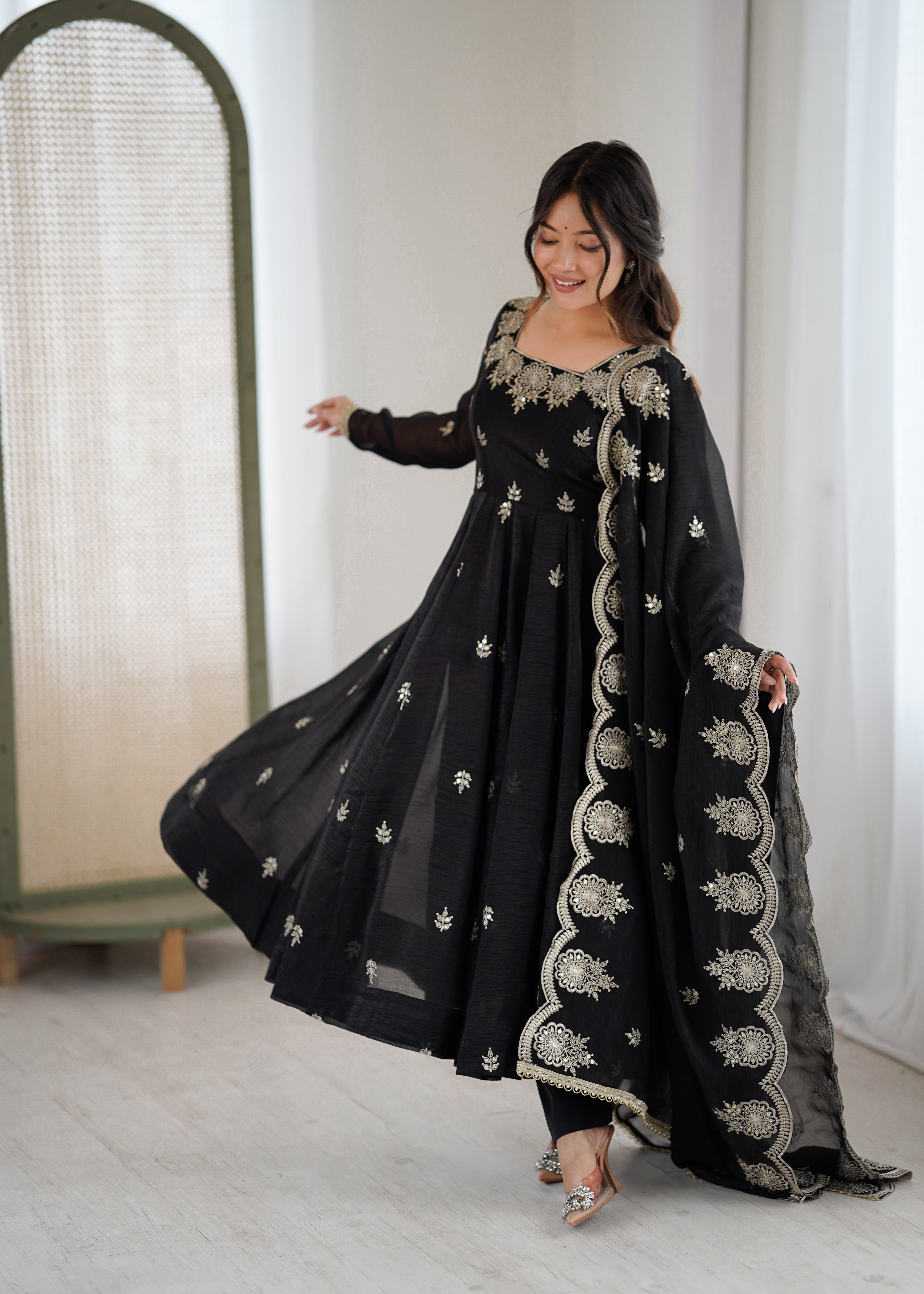 Designer Anarkali Gown Set in Crunchy Silk with 4 Meter Flair & Embroidery | Festive Wear for Women