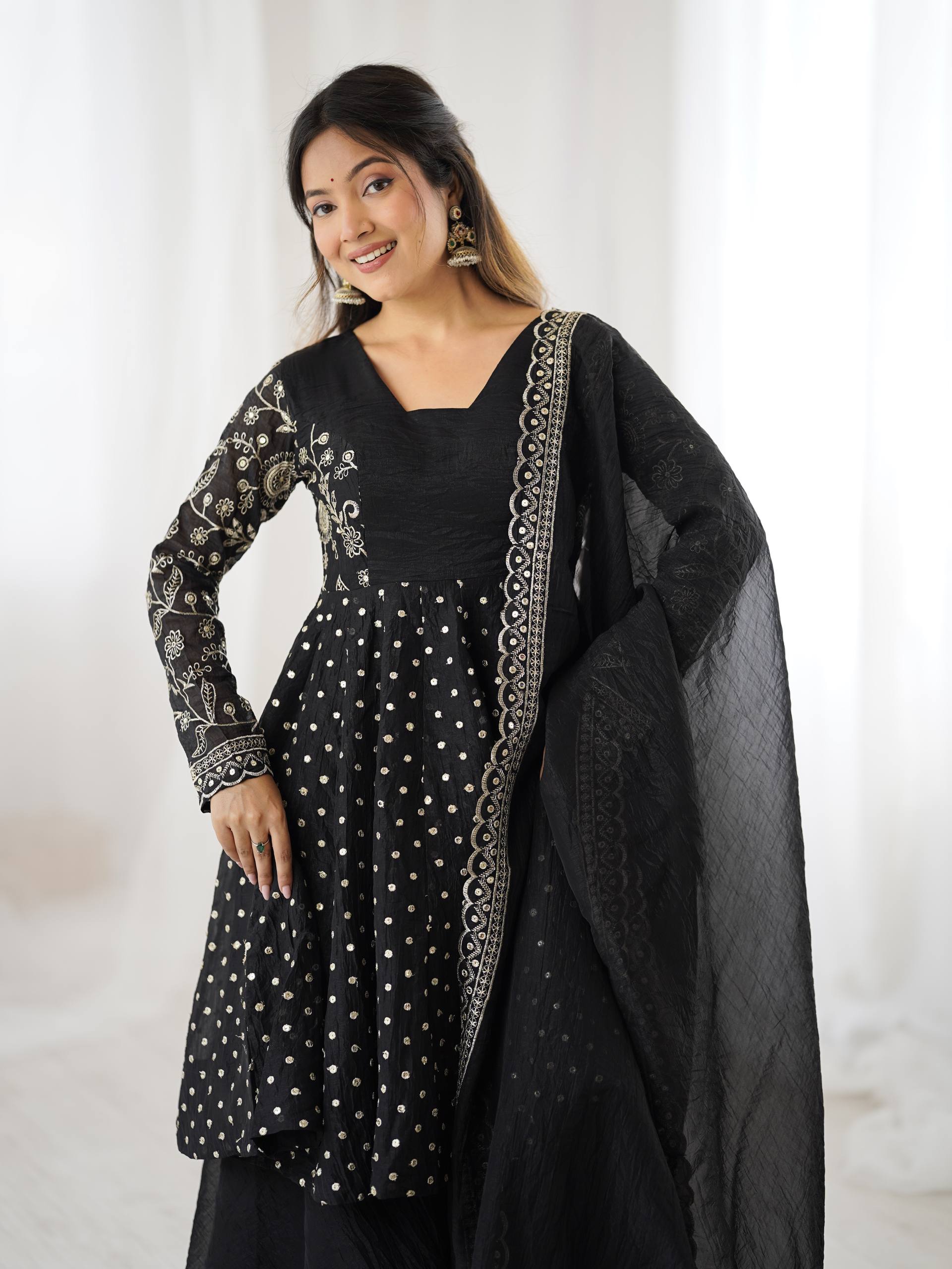 Designer Crunchy Silk Top Sharara Dupatta Set with Heavy Embroidery | Party & Wedding Wear Ethnic Outfit