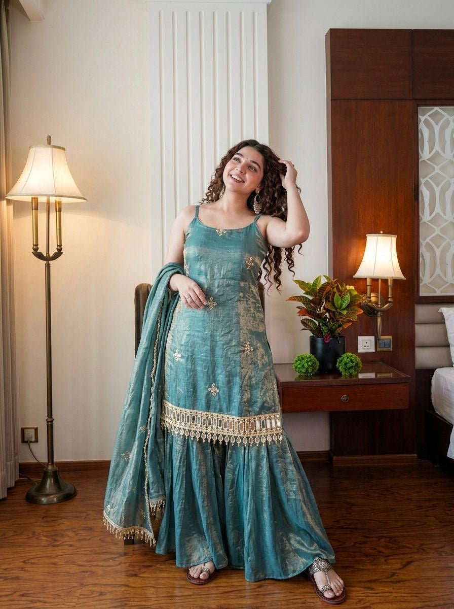 Premium Women Sharara Suit Set | Fendy Silk Top with Mirror Work & Dupatta