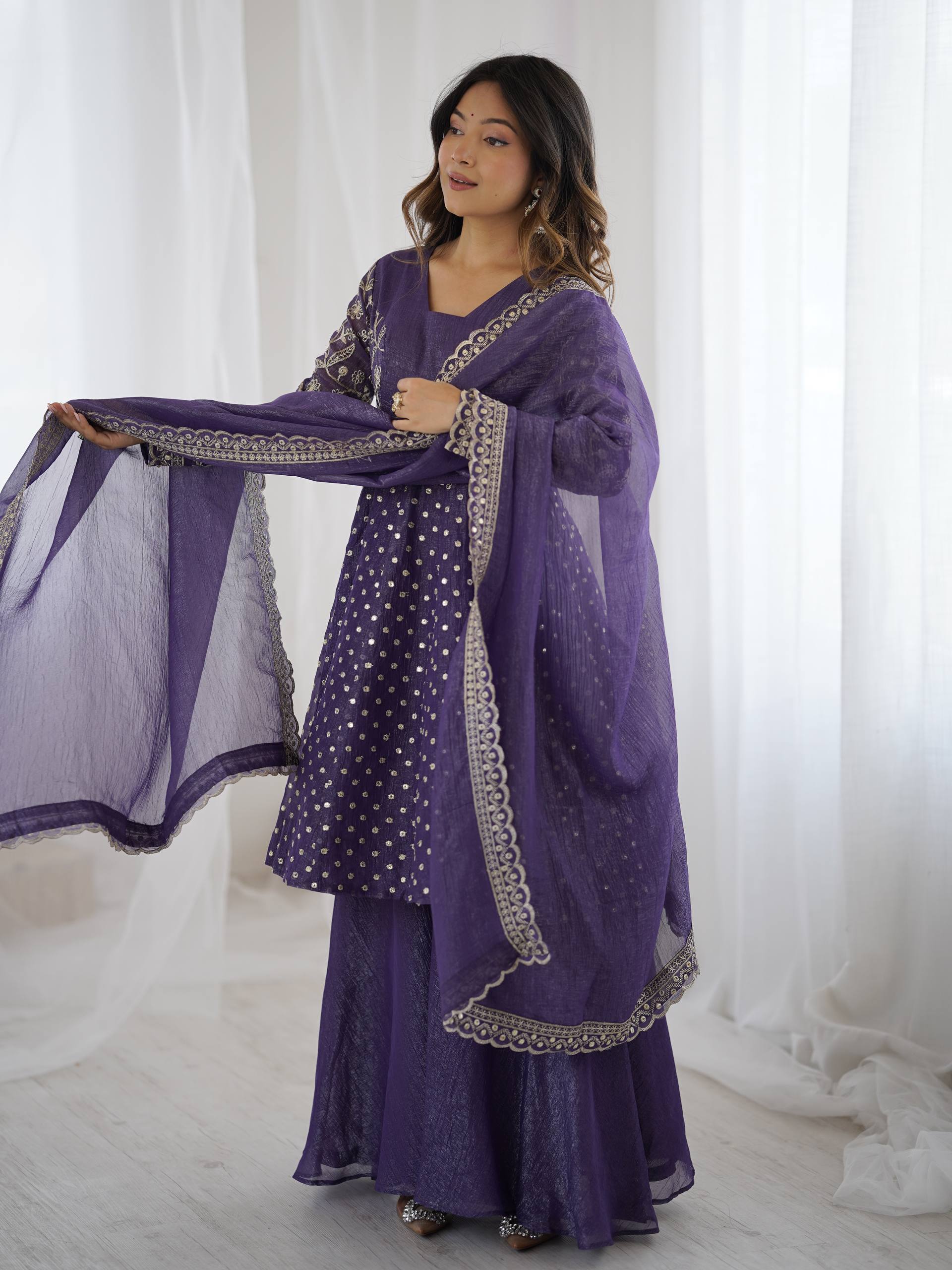 Designer Crunchy Silk Top Sharara Dupatta Set with Heavy Embroidery | Party & Wedding Wear Ethnic Outfit