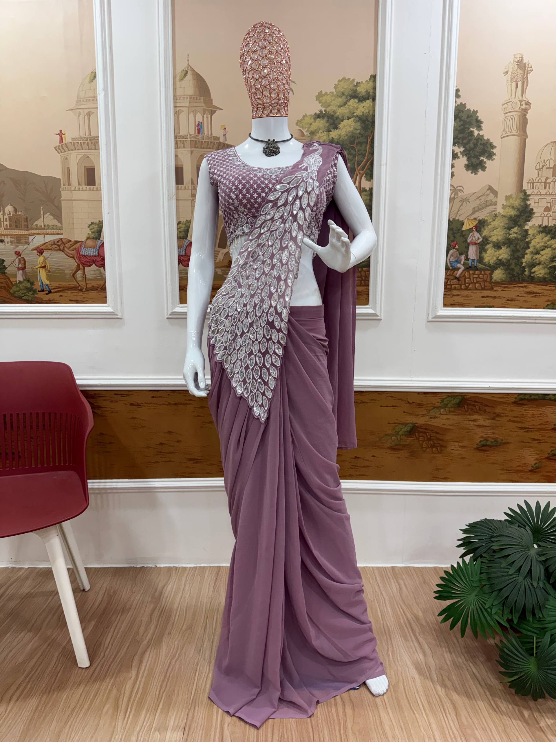 Premium Party Wear Drape Saree with Fully Stitched Embroidered Blouse