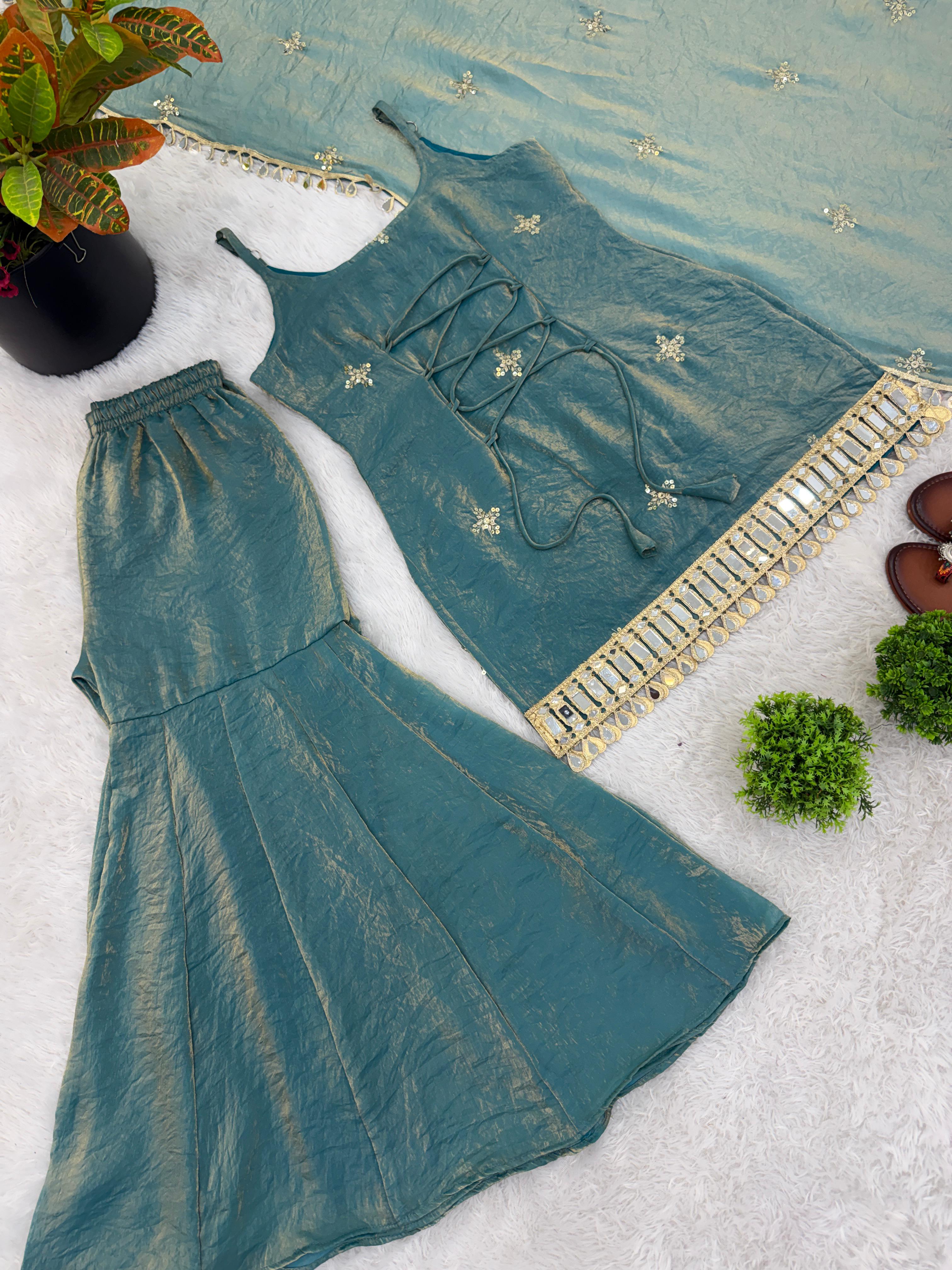 Premium Women Sharara Suit Set | Fendy Silk Top with Mirror Work & Dupatta