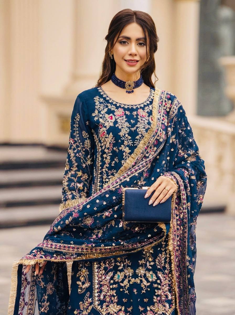 Heavy Embroidery Sequence Work Suit Set | Faux Georgette Kurta Palazzo Dupatta