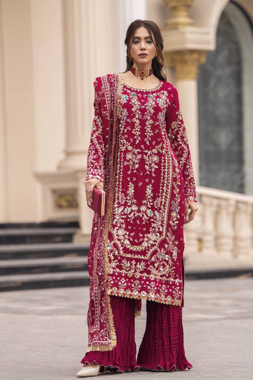 Heavy Embroidery Sequence Work Suit Set | Faux Georgette Kurta Palazzo Dupatta