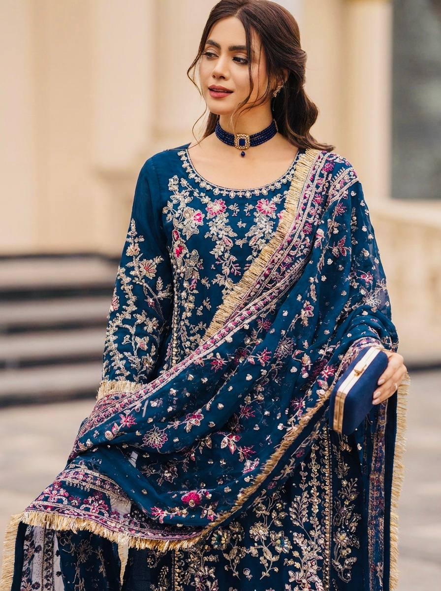 Heavy Embroidery Sequence Work Suit Set | Faux Georgette Kurta Palazzo Dupatta
