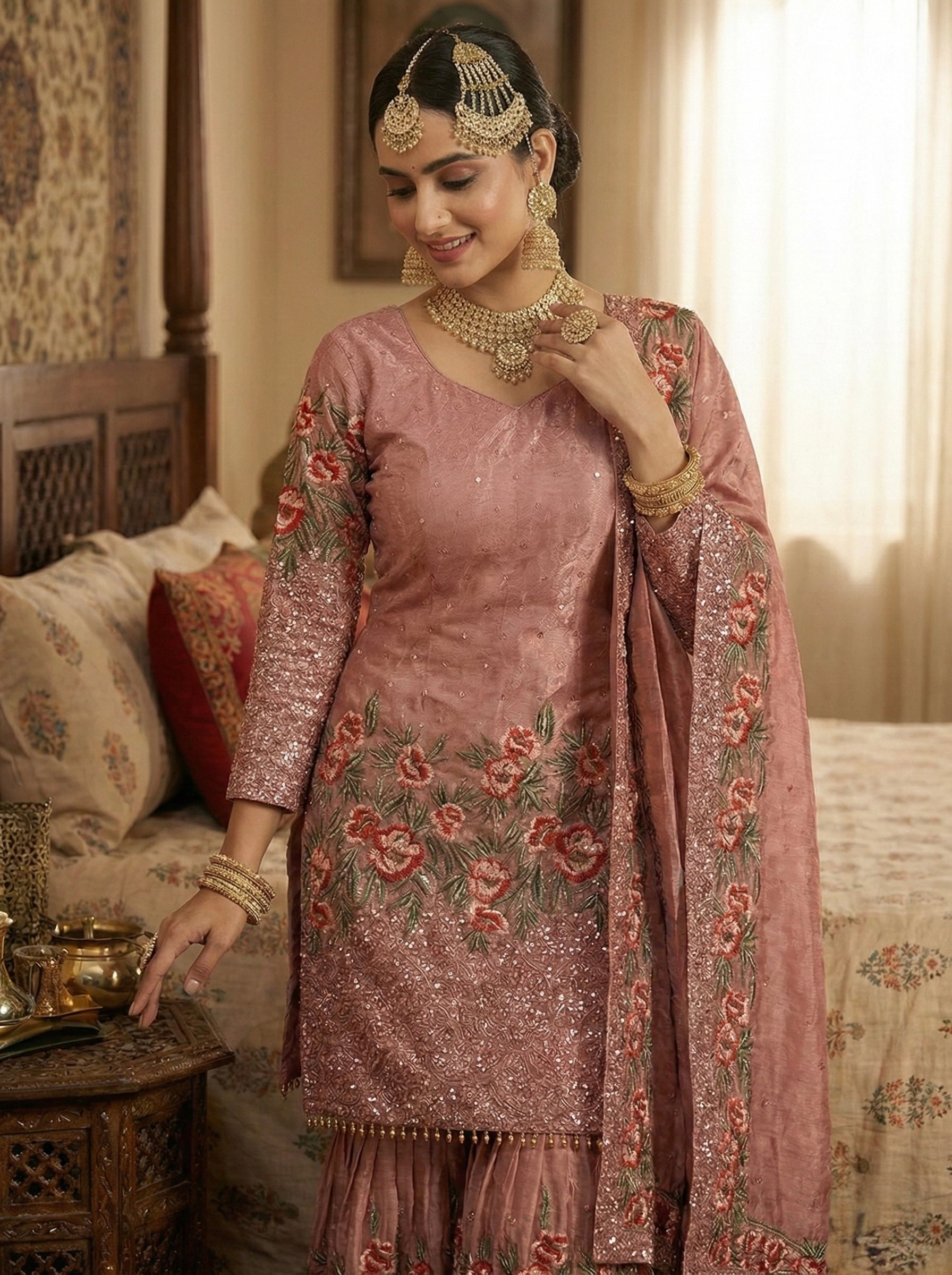 Designer Fendy Silk Top Sharara Dupatta Set with Handwork & Embroidery | Party & Wedding Wear Outfit