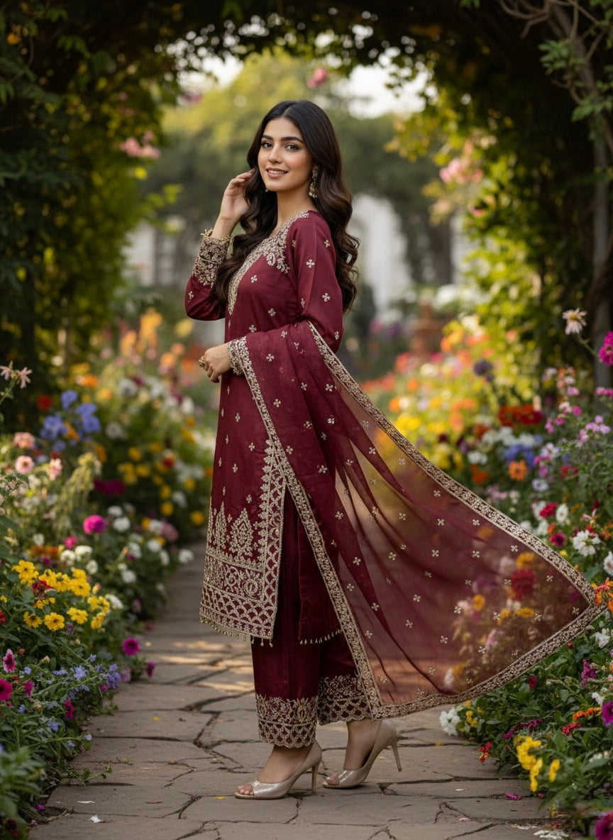 Designer GMY Silk Top Bottom Dupatta Set with Heavy Embroidery Sequence Work