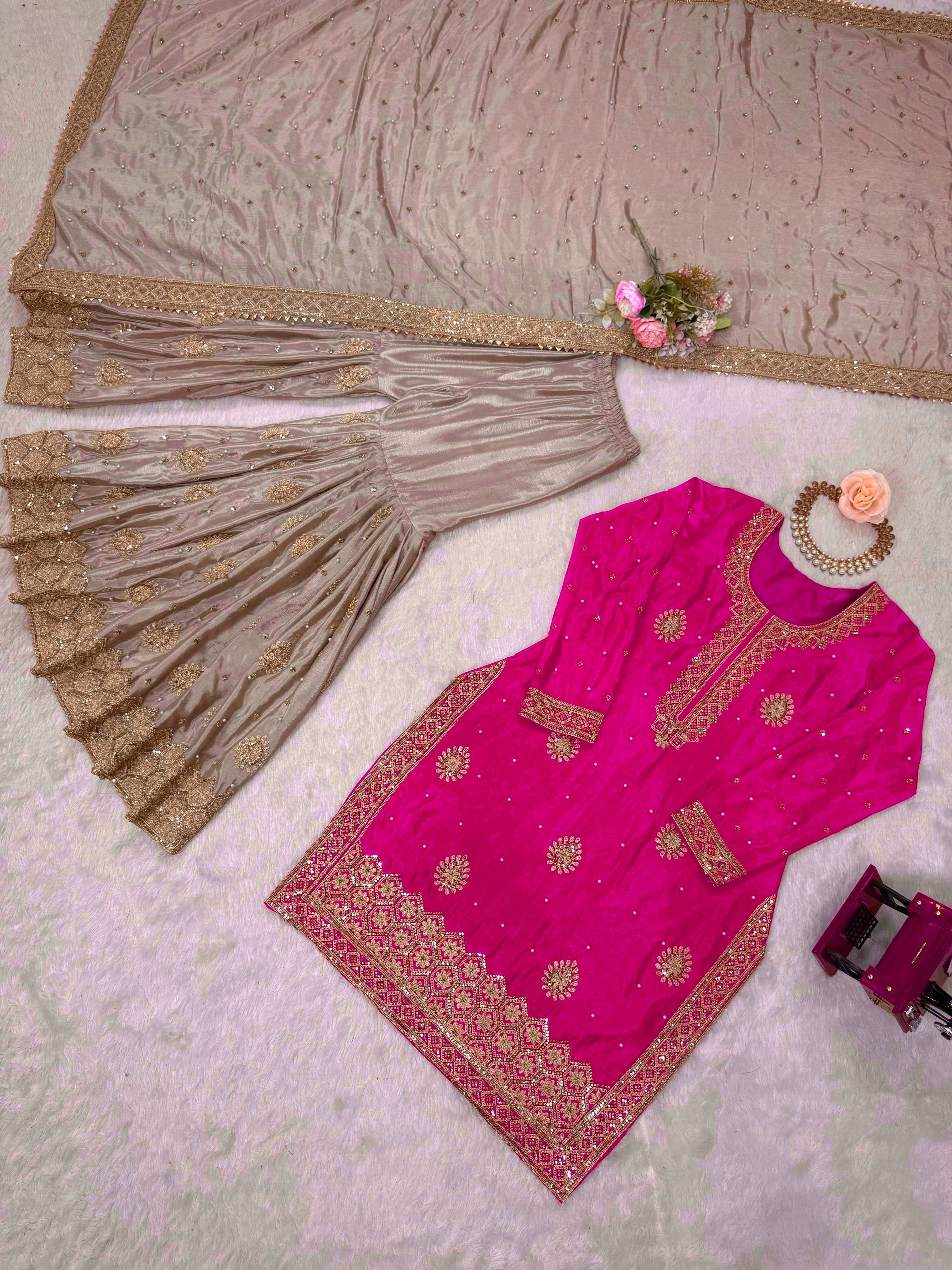 Elegant Chinon Silk 3-Piece Sharara Set with Pearl & Sequence Embroideryl
