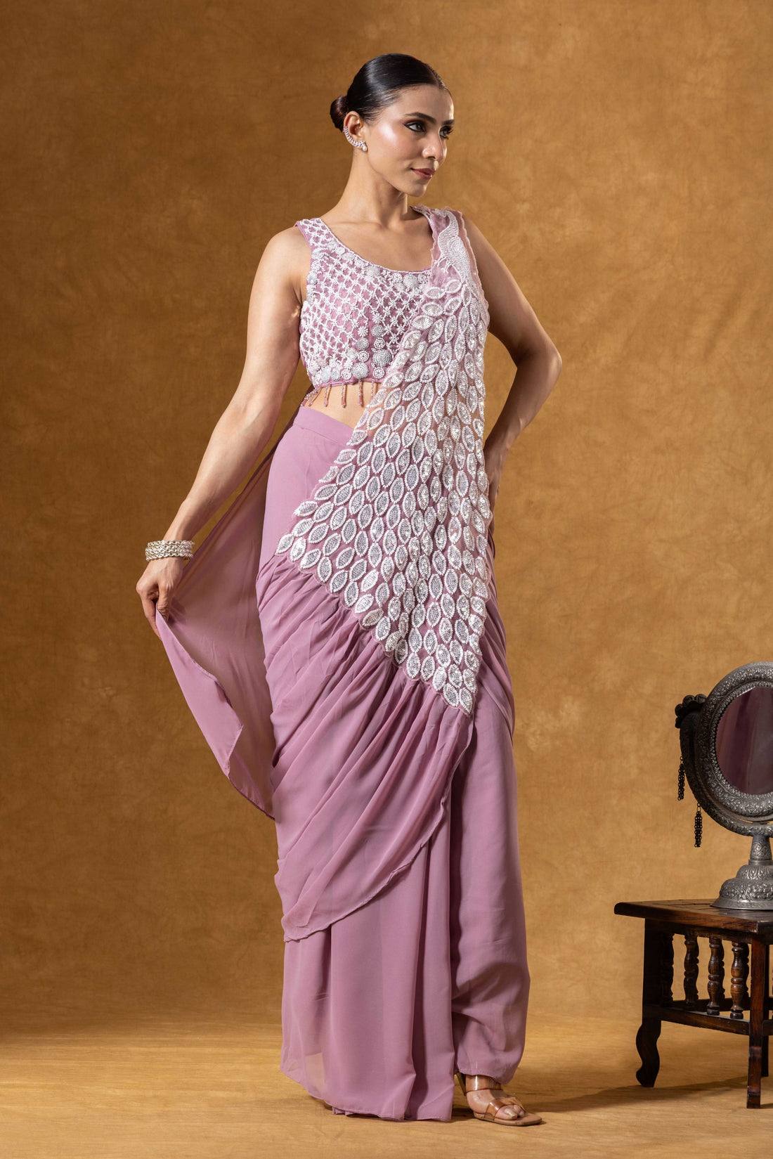 Premium Party Wear Drape Saree with Fully Stitched Embroidered Blouse