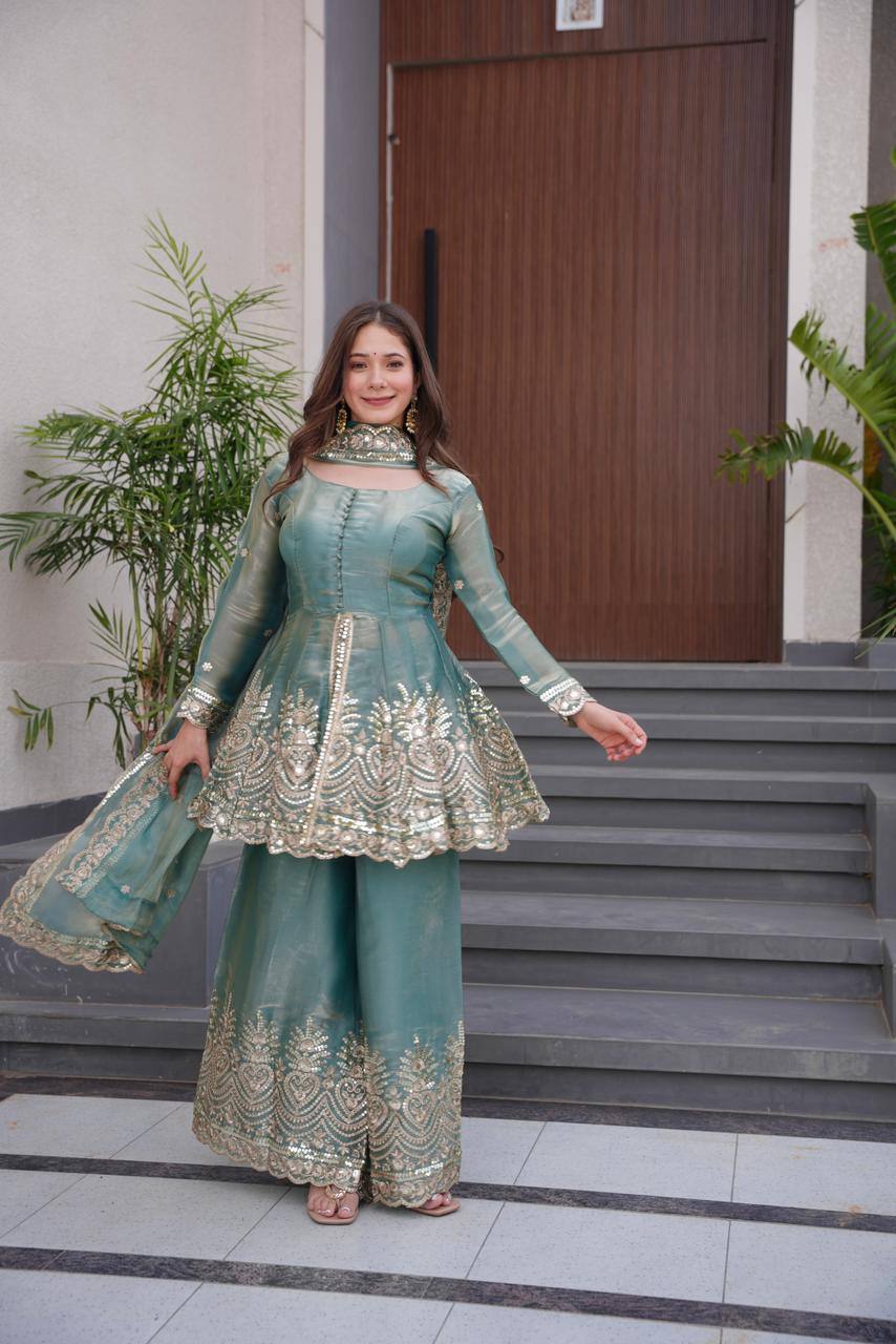 Latest Fendy Silk Real Mirror Embroidered Top Plazzo Set | Party & Festive Wear Outfit for Women