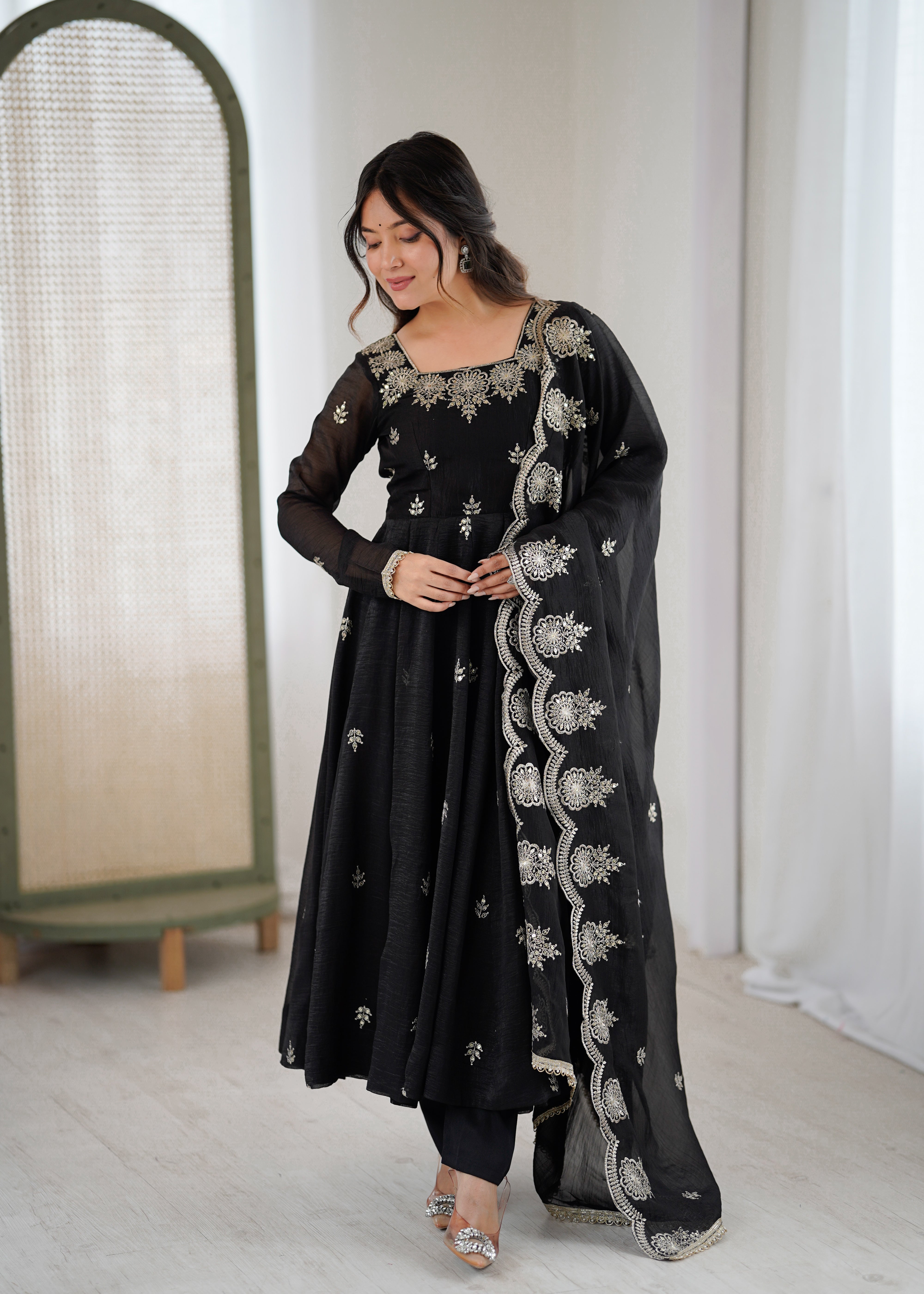 Designer Anarkali Gown Set in Crunchy Silk with 4 Meter Flair & Embroidery | Festive Wear for Women