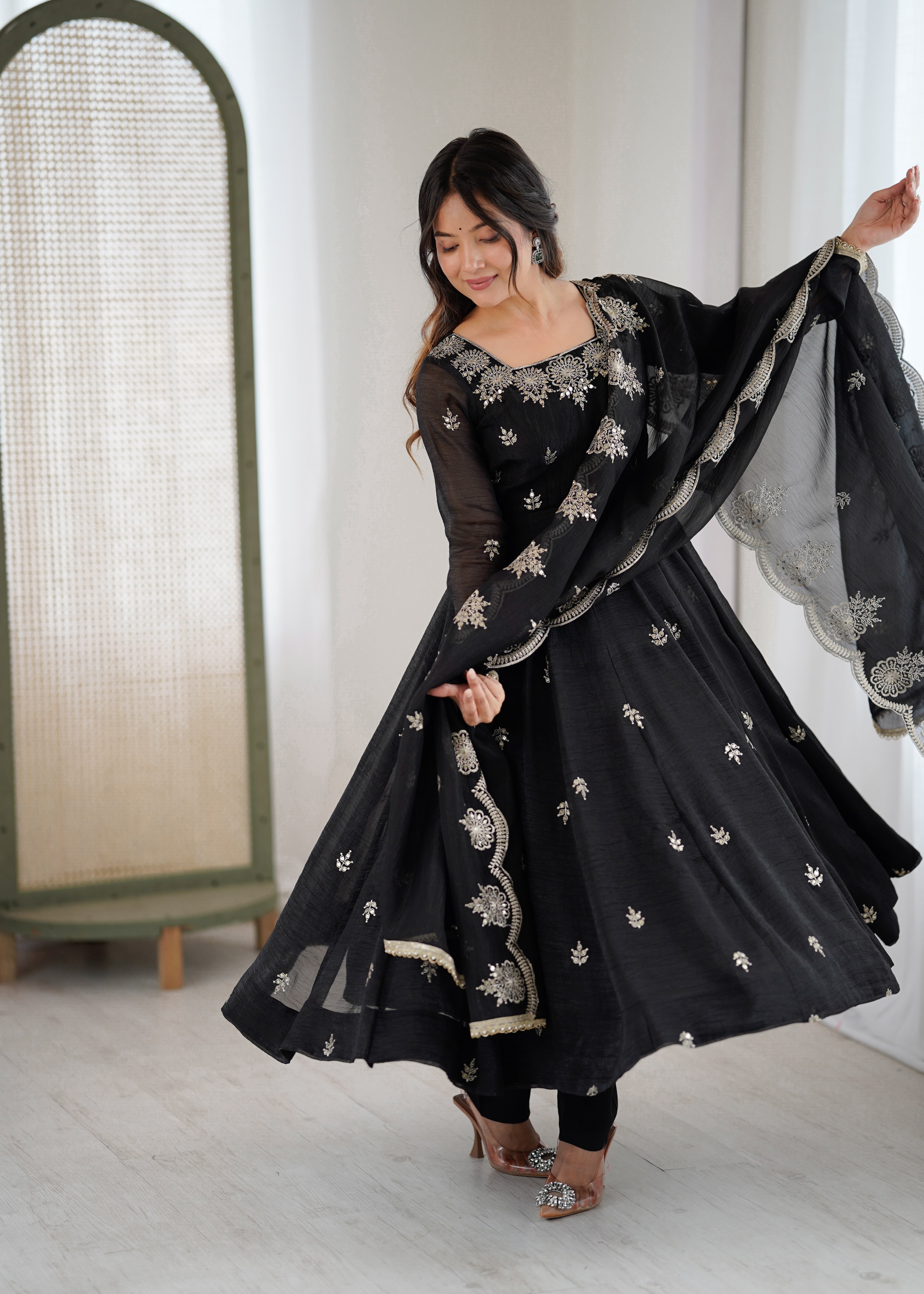 Designer Anarkali Gown Set in Crunchy Silk with 4 Meter Flair & Embroidery | Festive Wear for Women