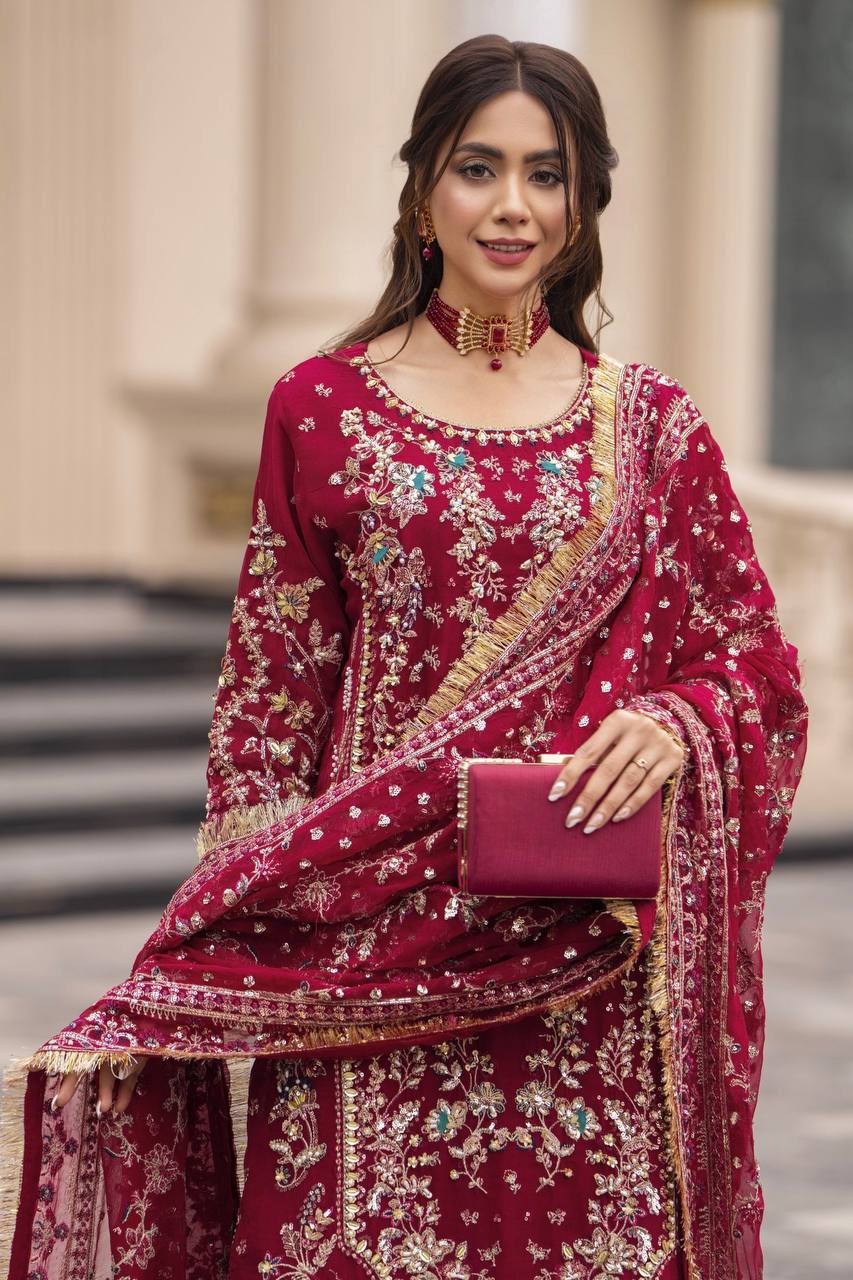 Heavy Embroidery Sequence Work Suit Set | Faux Georgette Kurta Palazzo Dupatta