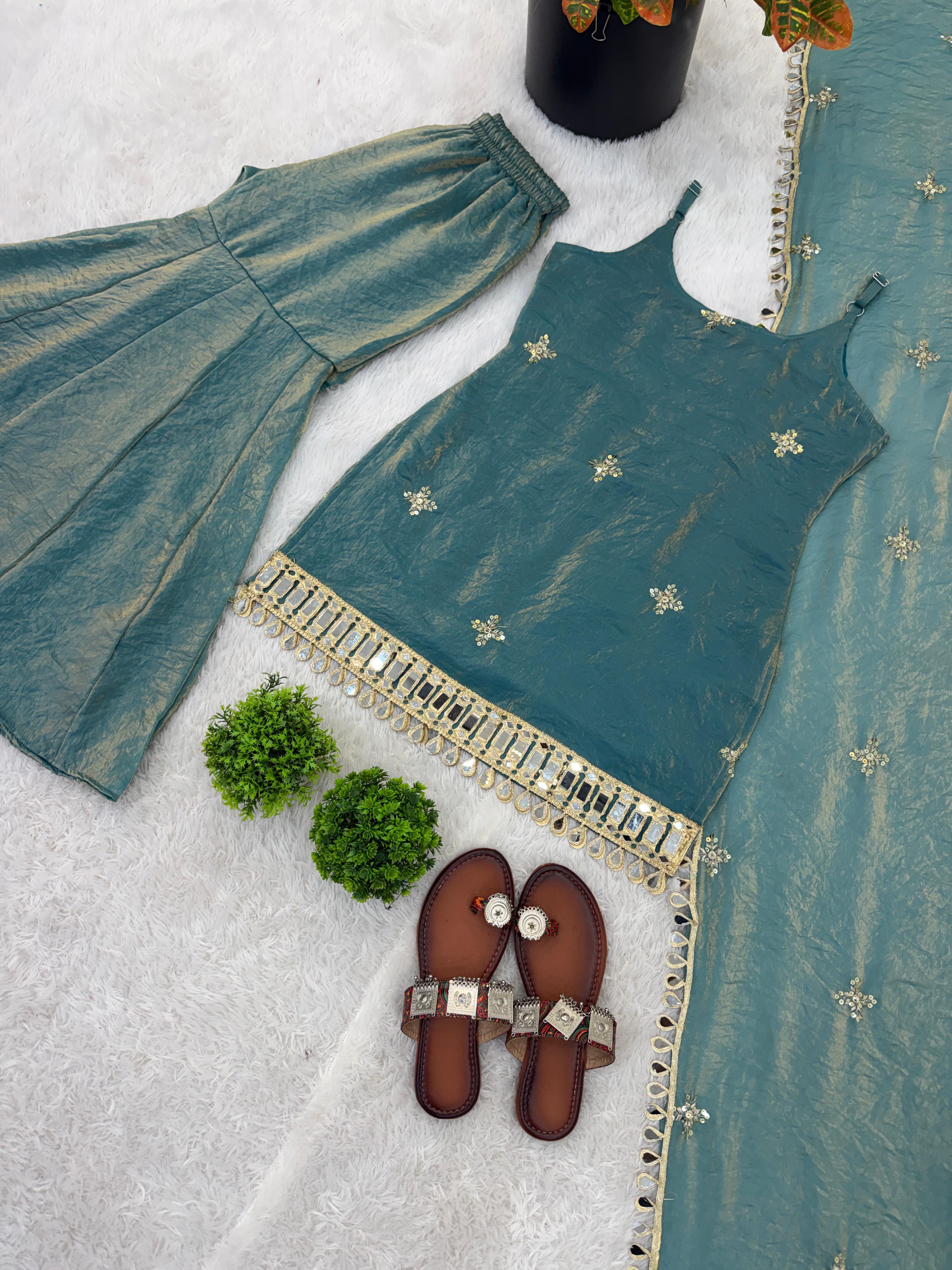 Premium Women Sharara Suit Set | Fendy Silk Top with Mirror Work & Dupatta