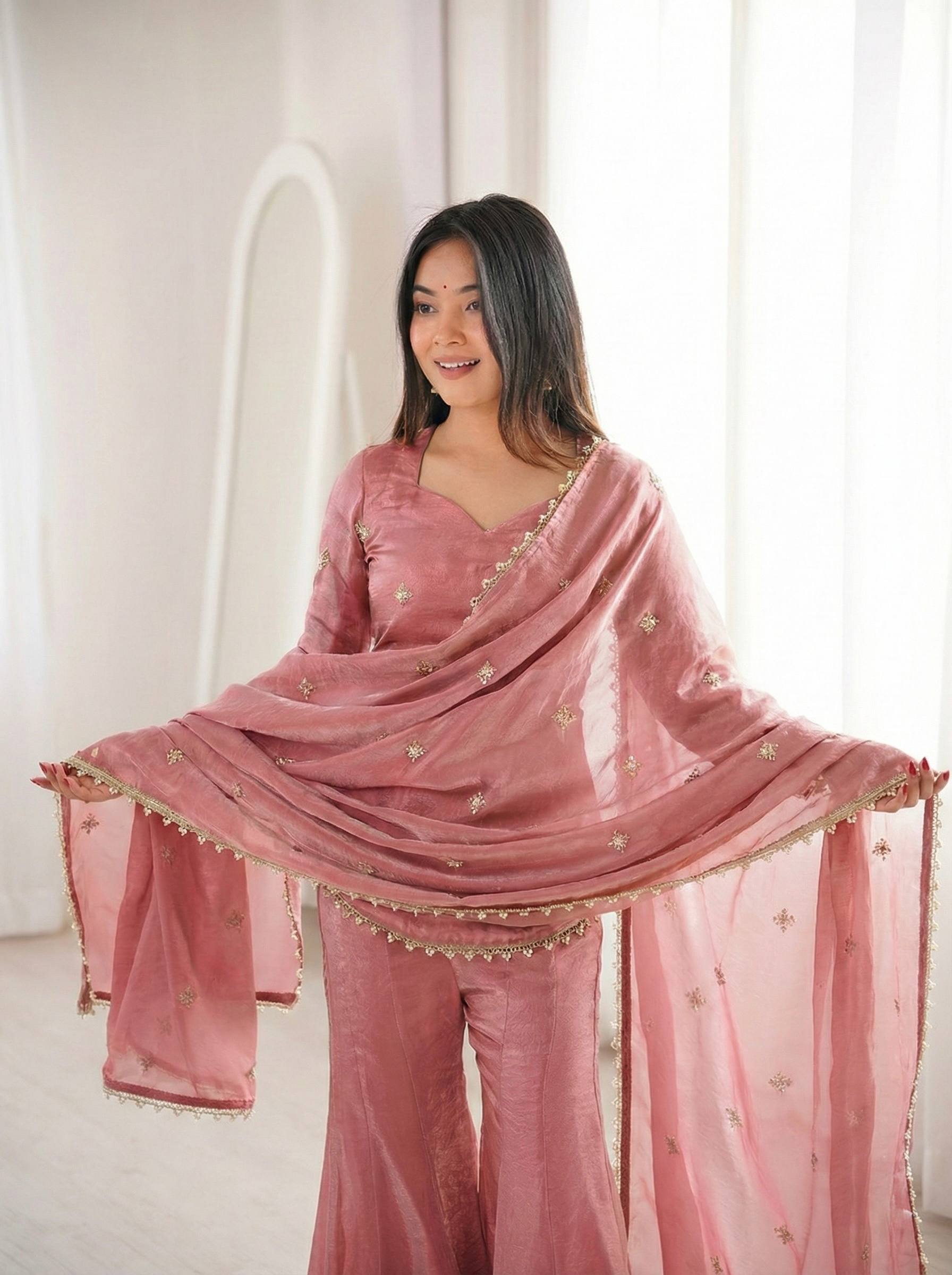 Designer Fendy Silk Top Sharara Palazzo Dupatta Set with Embroidery Sequence Work