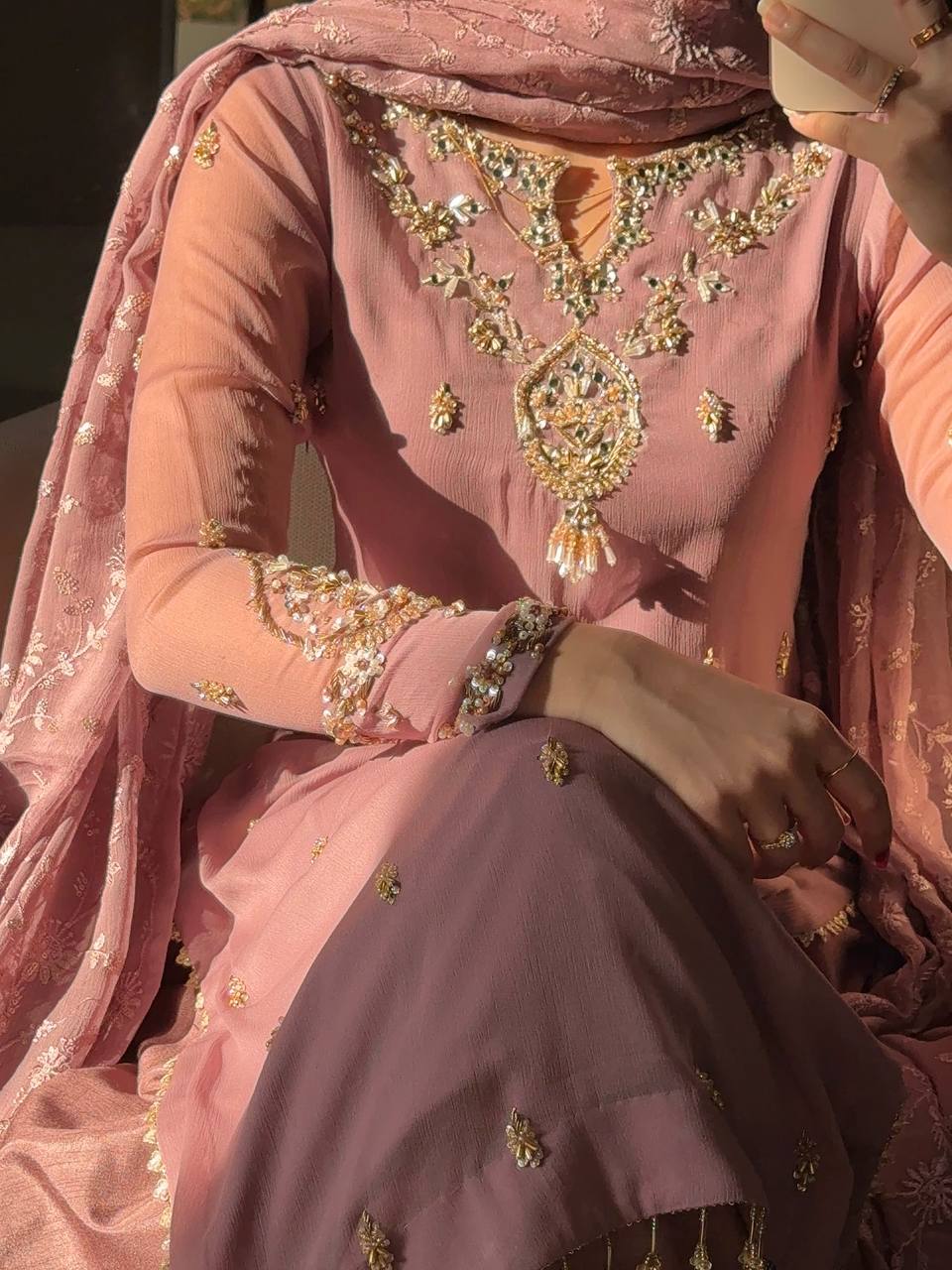 Elegant Heavy Embroidery Sequence Work Faux Georgette Top Pant Dupatta Set