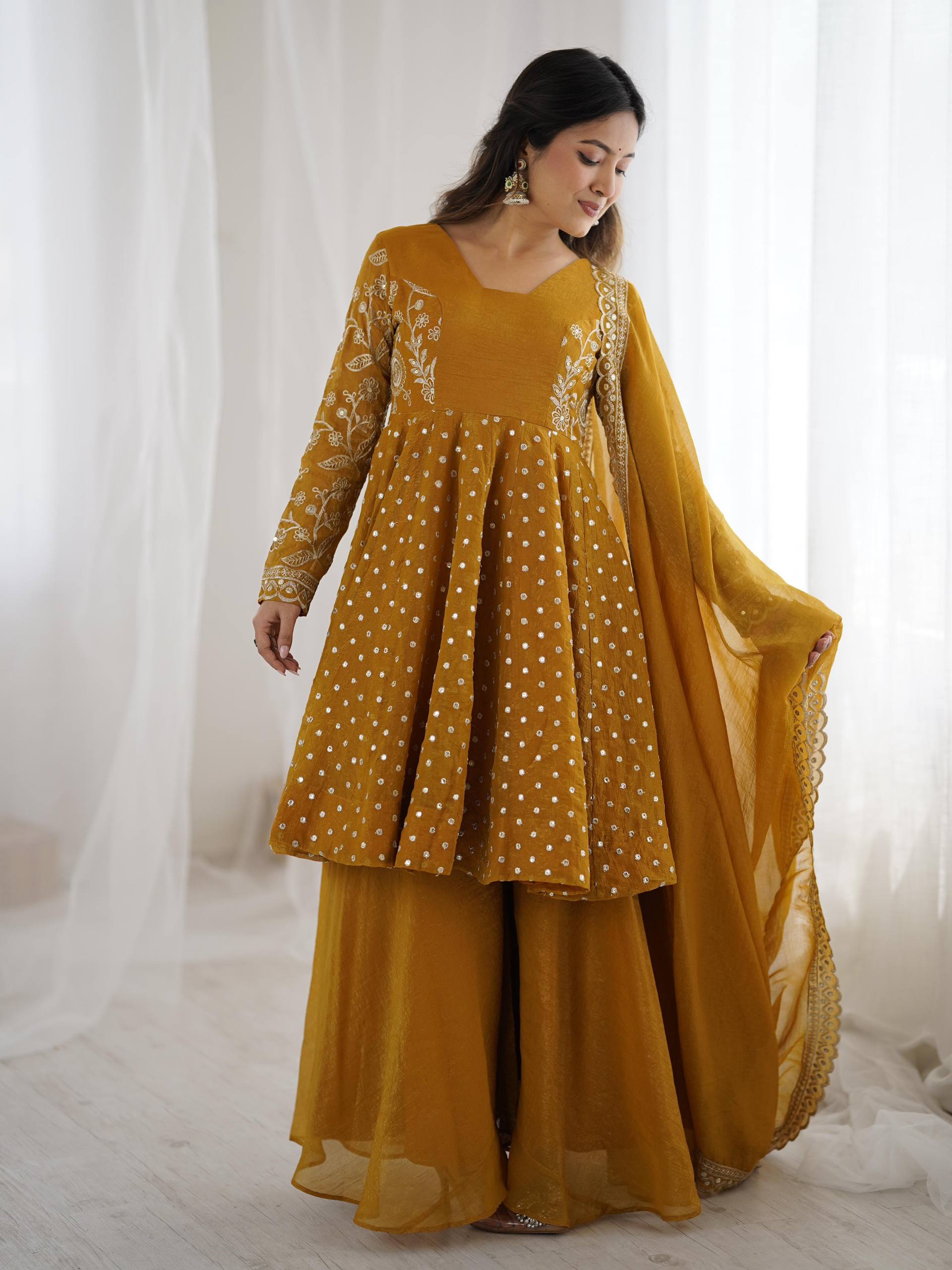 Designer Crunchy Silk Top Sharara Dupatta Set with Heavy Embroidery | Party & Wedding Wear Ethnic Outfit