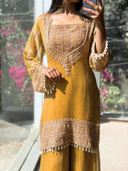 Elegant Fendy Silk Embroidered Sharara Pent Set | Ready To Wear 3-Piece Outfit