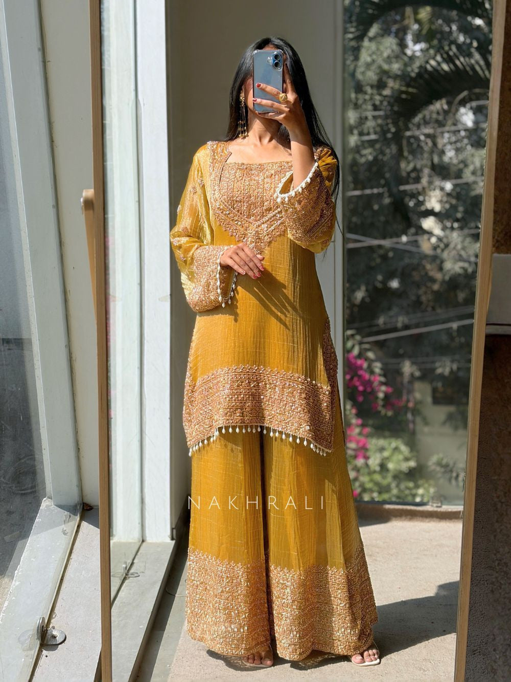 Elegant Fendy Silk Embroidered Sharara Pent Set | Ready To Wear 3-Piece Outfit