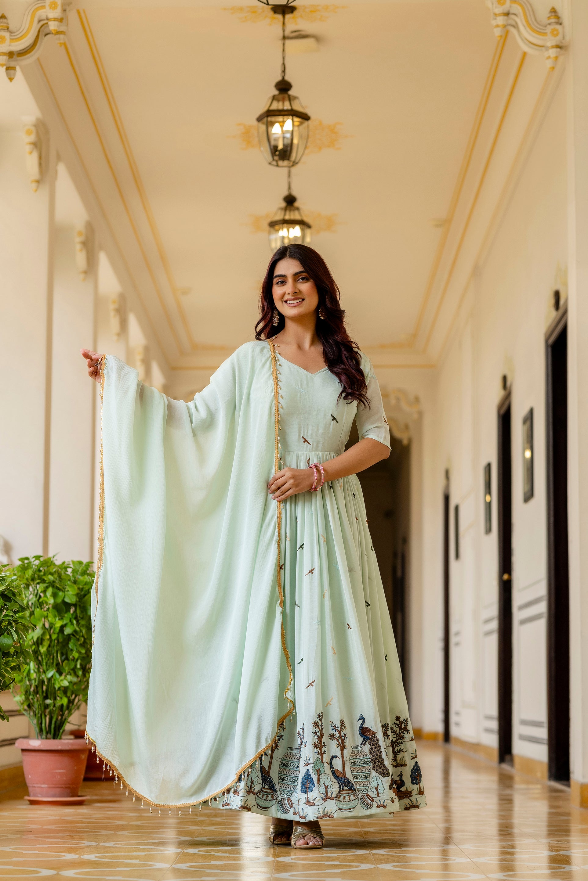 Premium Chinon Fabric Embroidered Gown with 3.5 Meter Flair & Dupatta | Ethnic Wear for Women