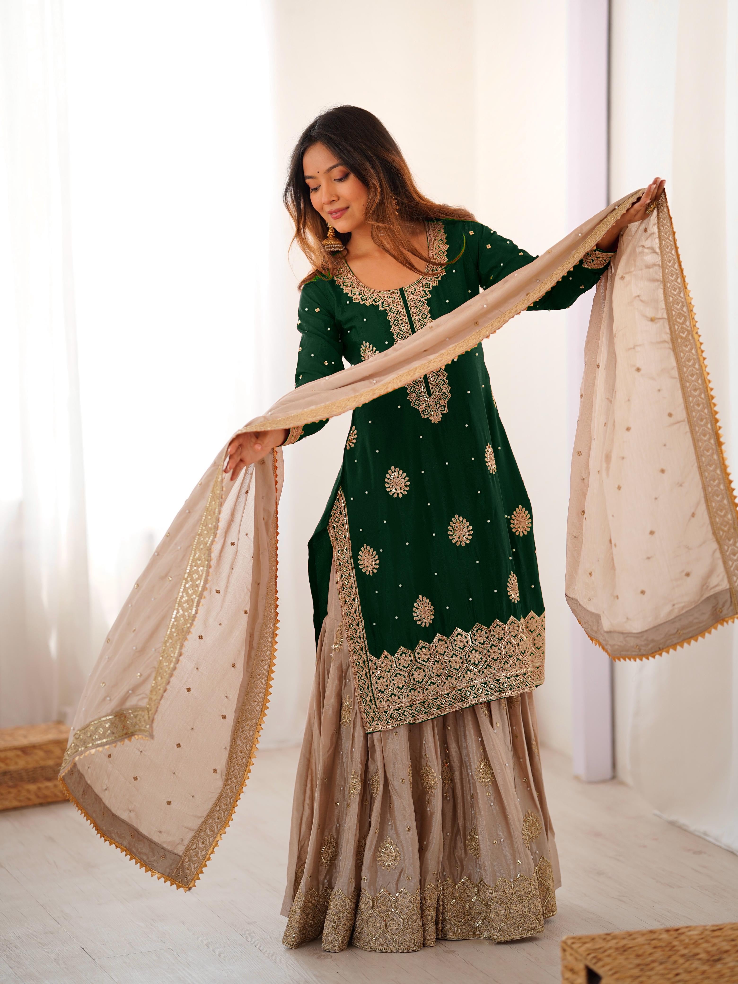 Elegant Chinon Silk 3-Piece Sharara Set with Pearl & Sequence Embroideryl